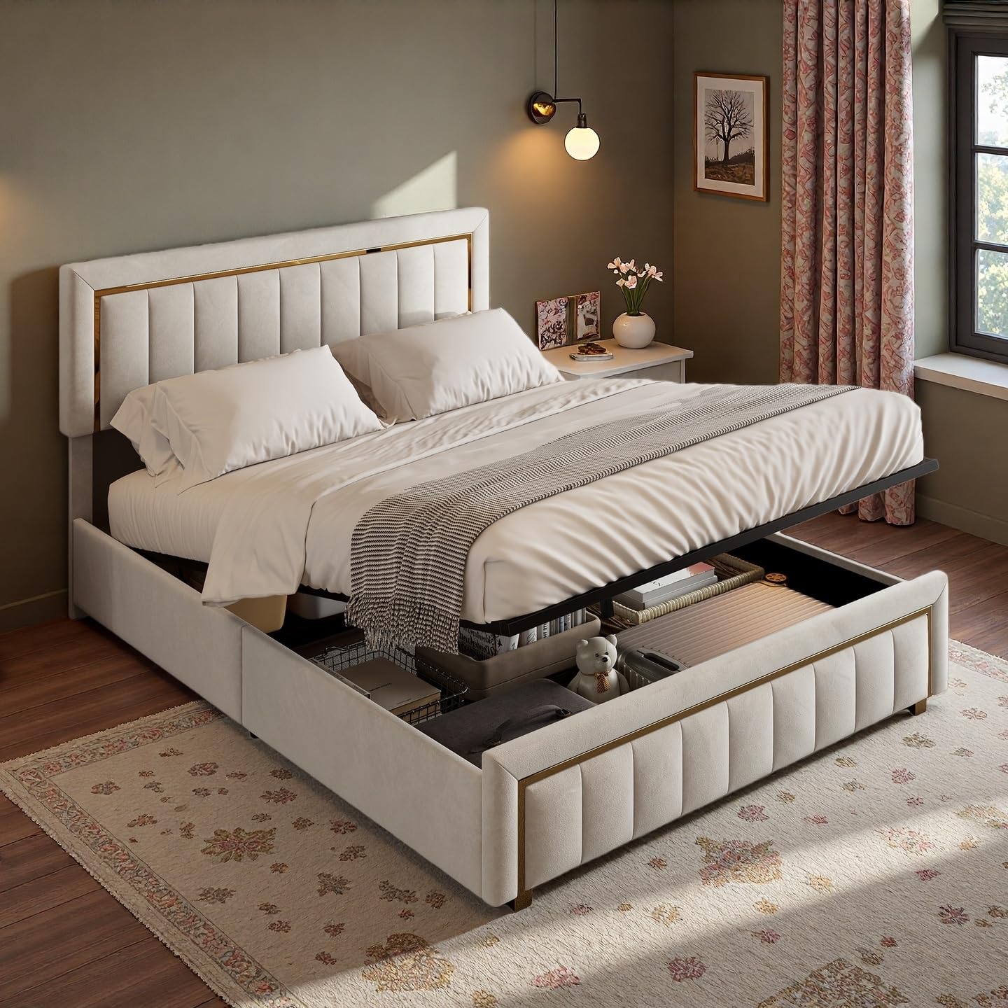 LIVLUX Lit Coffre 140x200 avec Sommier,Lit Double rembourré avec hydraulique Rangement et Tête de lit,Lit 2 Personnes pour Adultes et Adolescents,Velours (Beige A, 140 x 200 cm)
