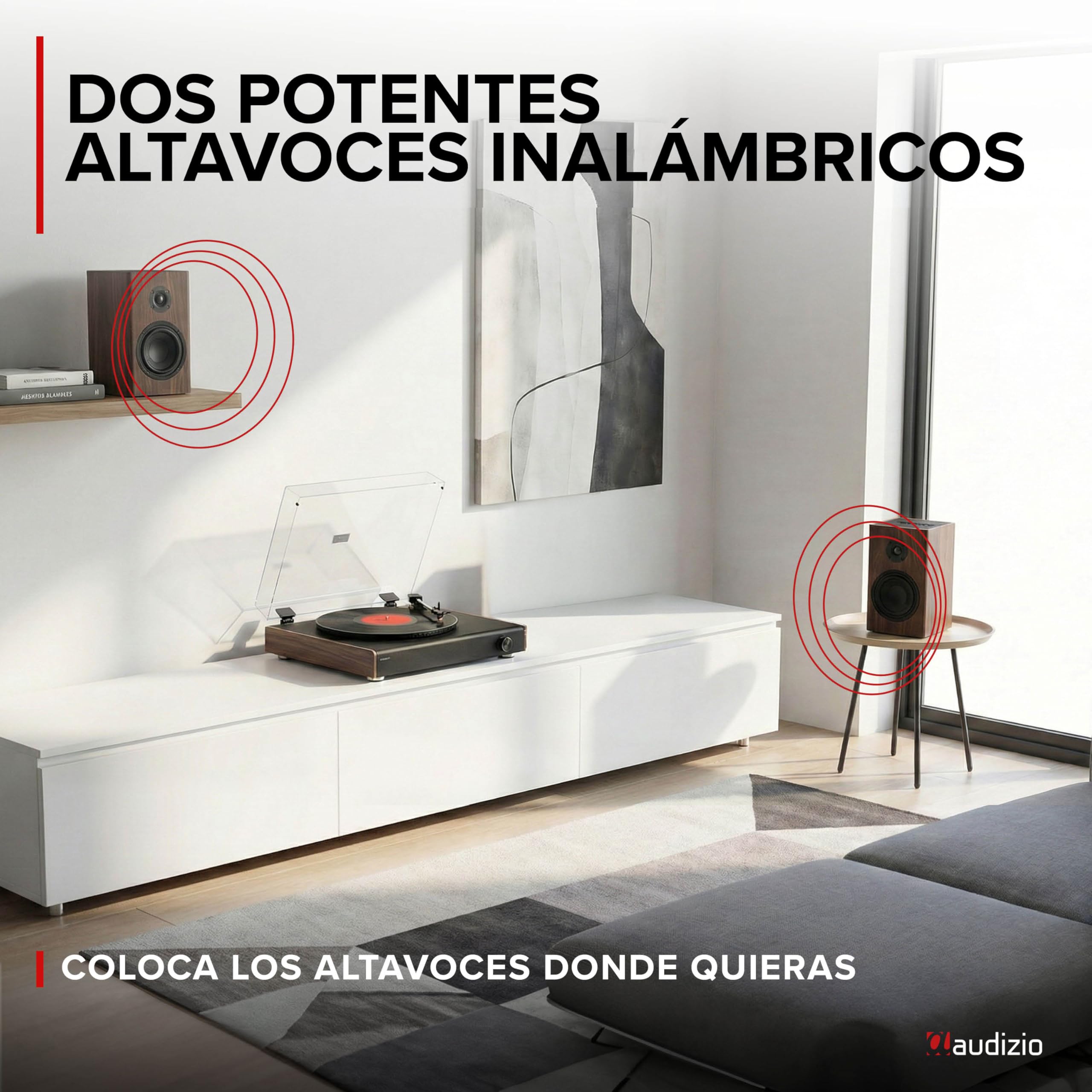 Audizio RP337W – Tocadiscos de Vinilo con Altavoces Bluetooth inalámbricos 100W 3 velocidades 33 45 78 RPM cápsula Audio Technica Salida RCA Sistema automático diseño Retro, Color Madera