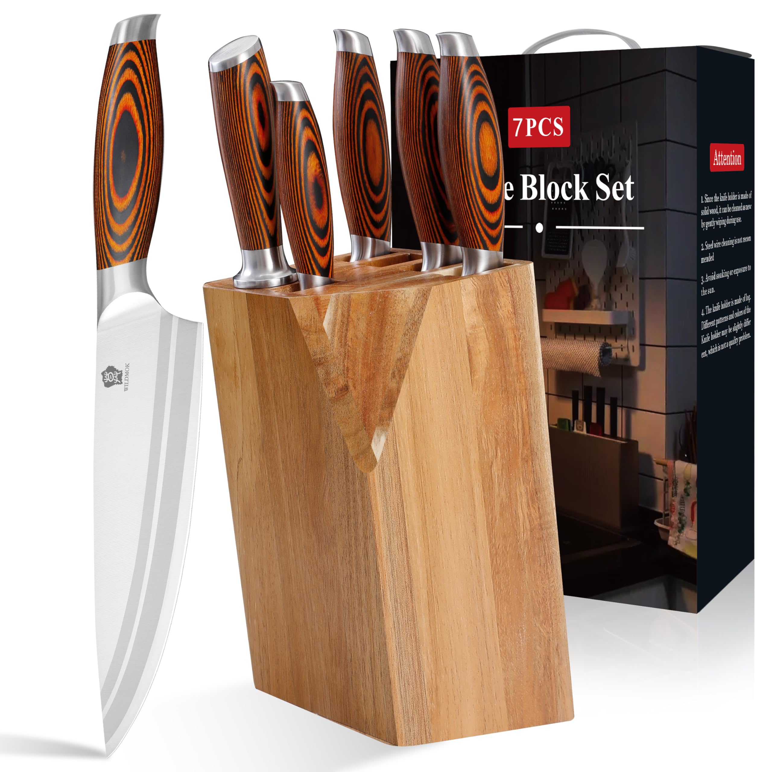 WILDMOK Set di coltello 7pc, Set di coltello tedesco Chef Chef, prezioso manico Pakkawood per Set di coltello da cucina