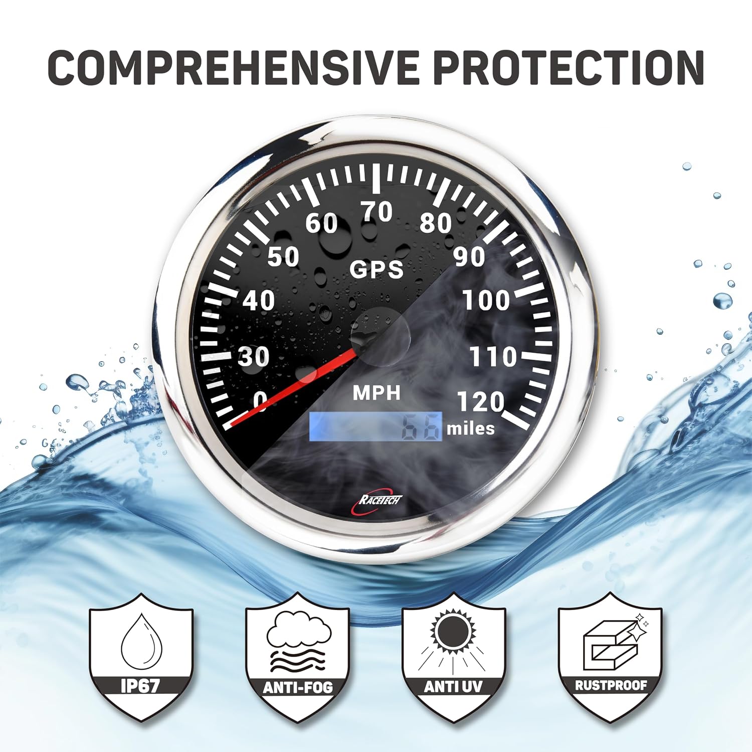 RACETECH 110mm (4-3/8") 120 MPH Electrical Speedometer - Black Dial 7 Color LED Waterproof Stainless Steel Rim 12V/24V - for Car Truck Marine Boat Yacht Motorcycle