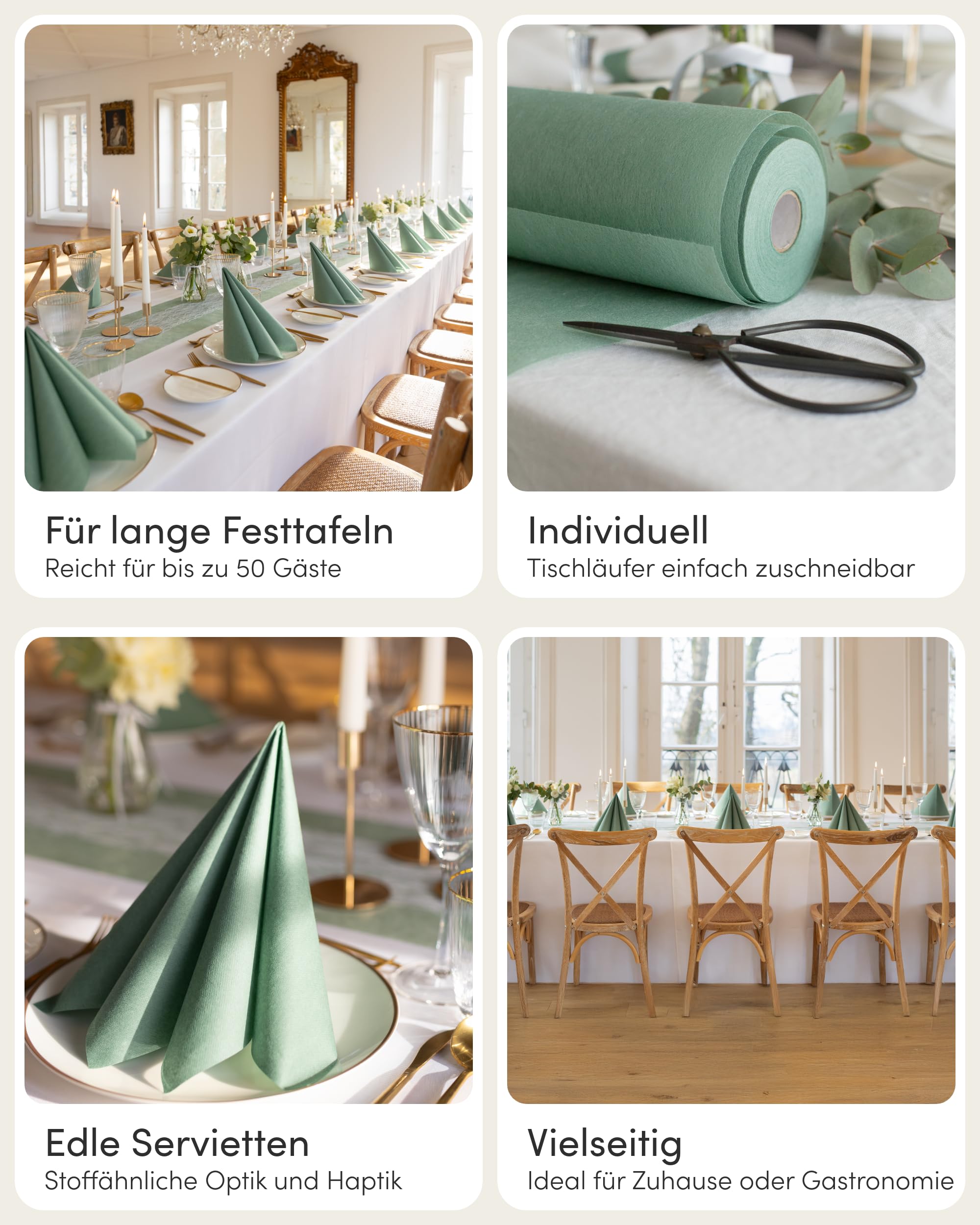 100% Mosel Tischdeko-Set – Eukalyptus Grün & Weiß (25–50 Gäste) Tischläufer aus Vlies & Spitze mit Airlaid Servietten – praktisches Komplettset für Anlässe wie Hochzeit, Taufe, Kommunion