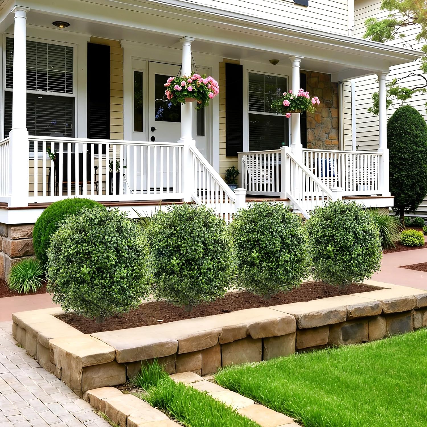 2 Pack Artificial Boxwood Topiary Ball Trees for Outdoors, 27" Faux Boxwood Topiary Bush with Metal Ground Spike UV Resistant Realistic Evergreen for Front Porch, Garden, Yard & Balcony Decor