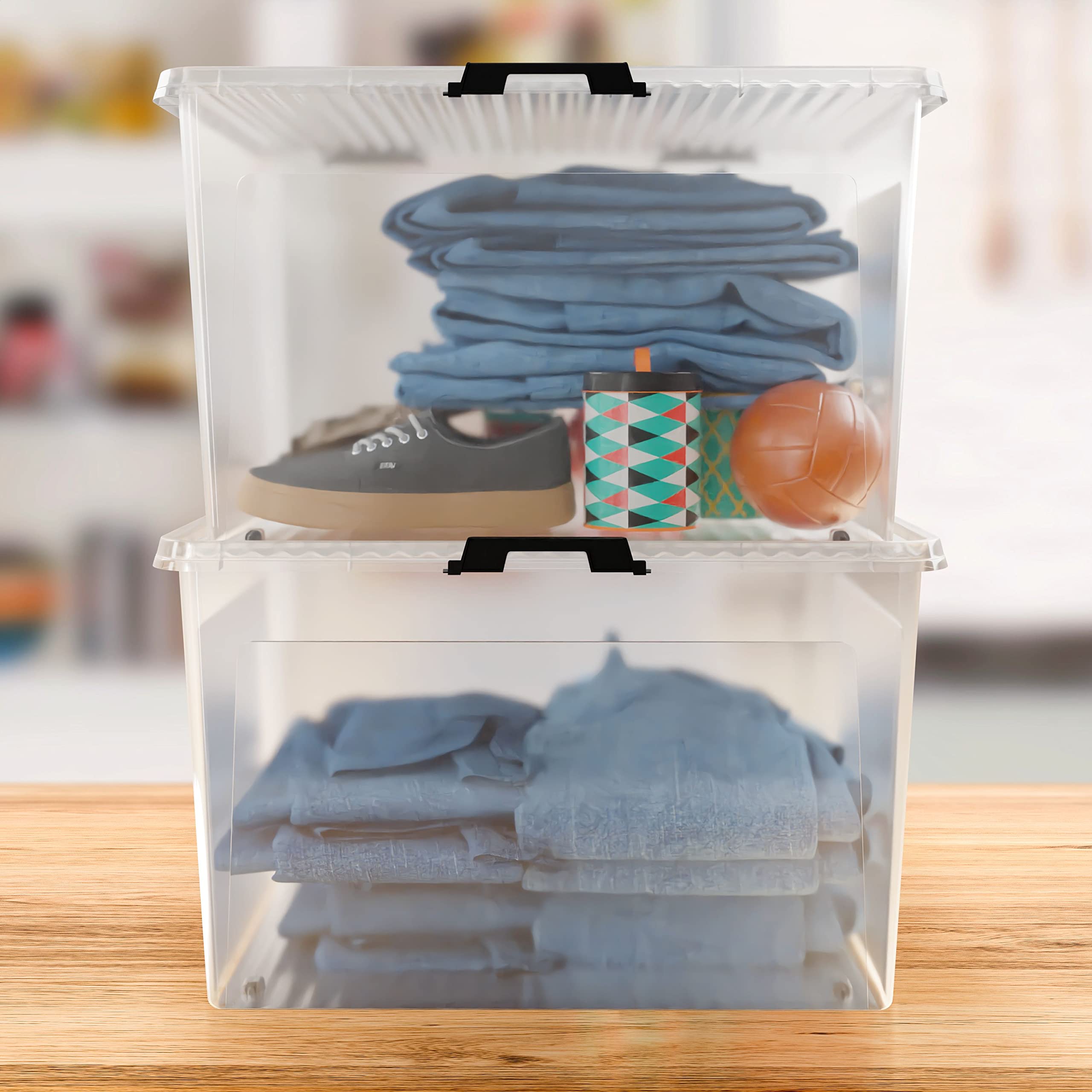 Deuba® 2X Cajas de Almacenamiento 60L Tapa Clips de Cierre Transparentes Almacenaje Juguetes Ruedas Apilable