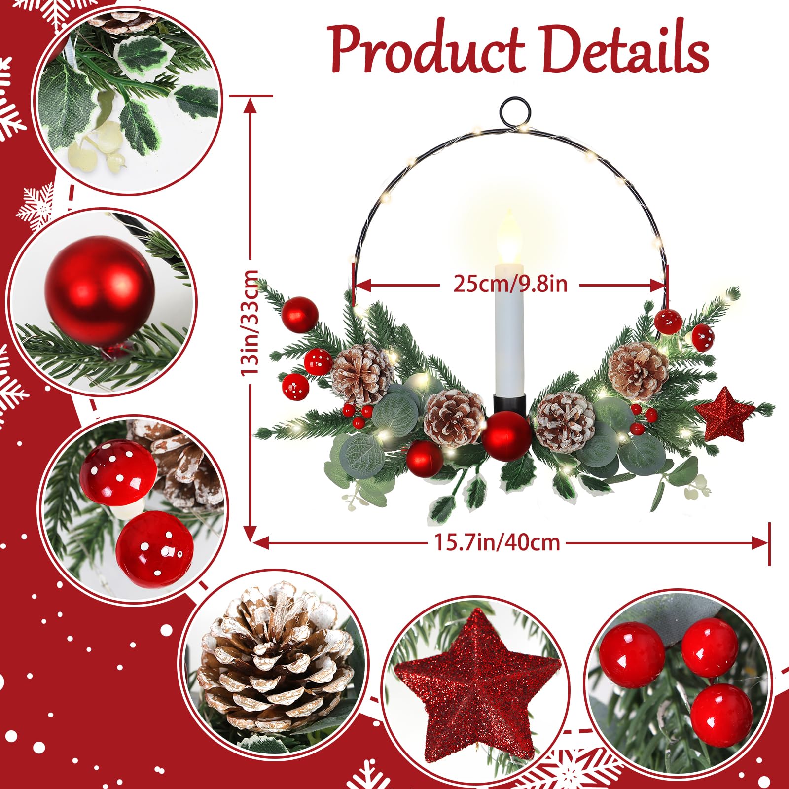 Weldomcor Paquete de 2 coronas de Navidad con luces LED cónicas de vela cónicas de piño, bayas, corona de aro de plantas artificiales, decoraciones de Navidad de invierno para puerta delantera