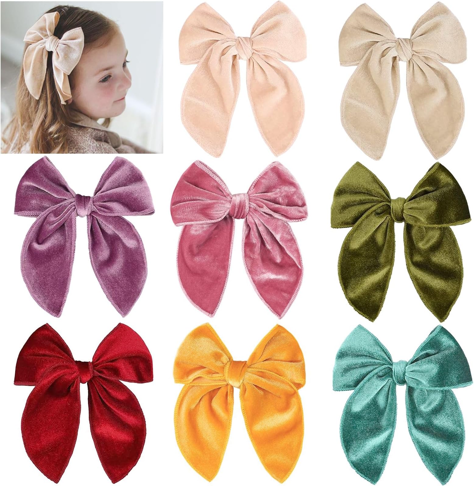 Large Velvet Fable Hair Bows Clips Velvet Hair Bow for Toddlers Girls Handmade Christmas Hair Accessories for Little Girls Kids 8pcs