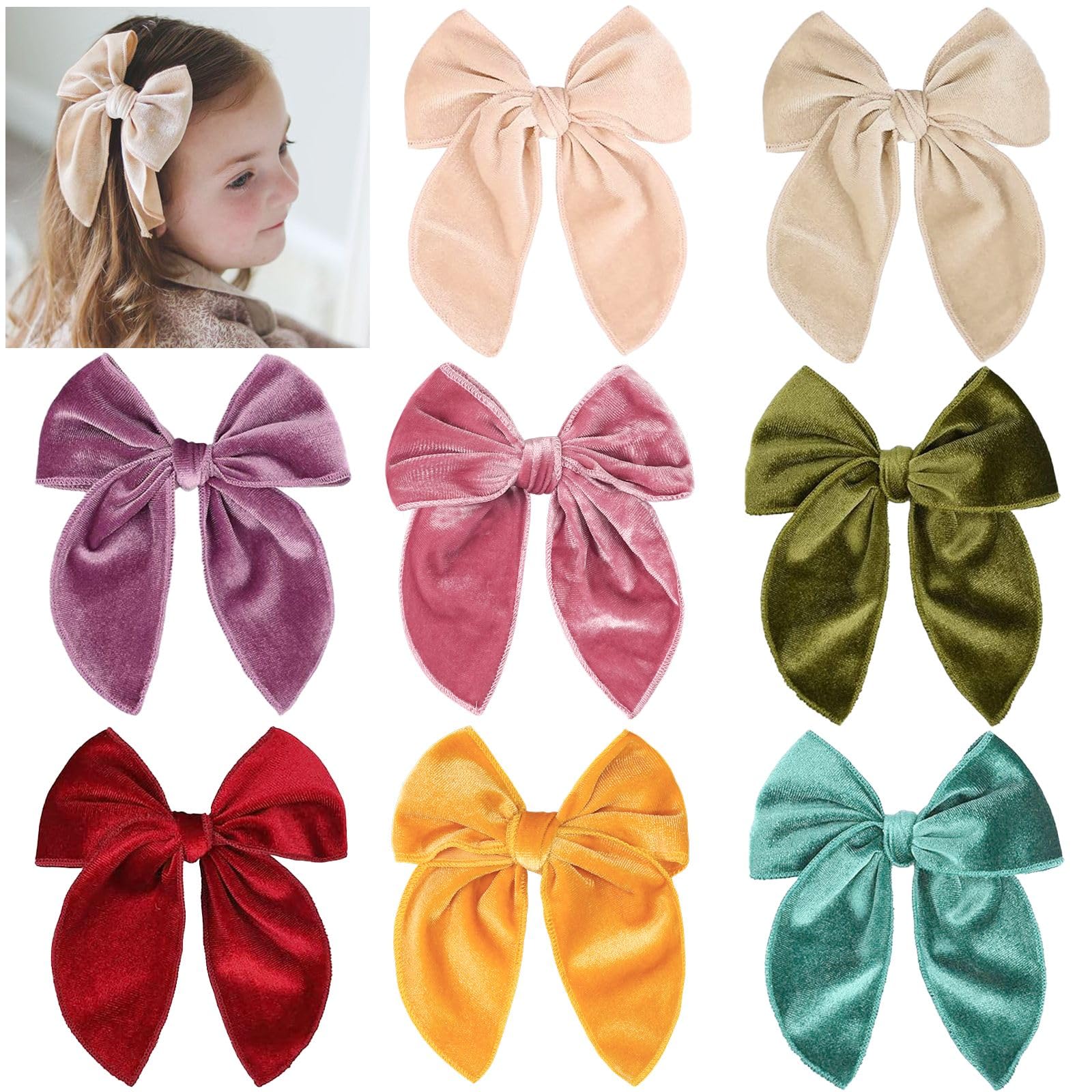 Large Velvet Fable Hair Bows Clips Velvet Hair Bow for Toddlers Girls Handmade Christmas Hair Accessories for Little Girls Kids 8pcs