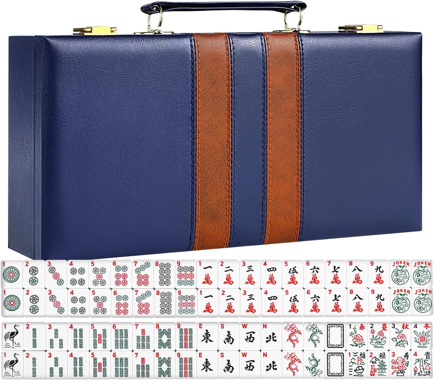 American Mahjong Set with Blue Portable Handheld PU Leather Suitcase, 166 White Tiles, Includes Chips & Dice, Travel Vita Mahjong Tile Game Set
