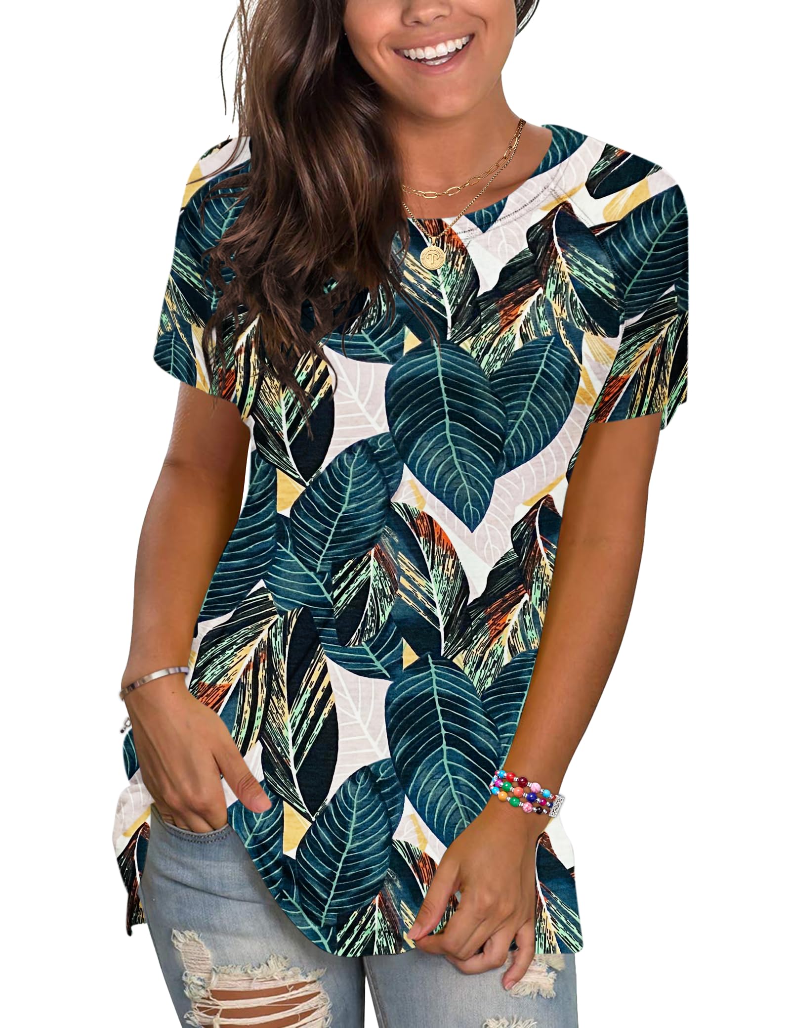 WNEEDU 2025 Womens Summer T Shirts Loose Fit Short Sleeve Tops Crewneck Casual Tops Trendy Tee Blouse