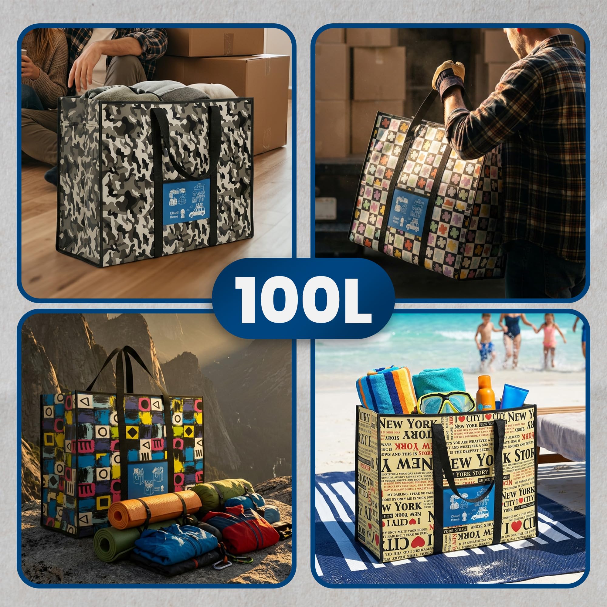 Lot de 5 Sacs Ultra résistants Démenagement 100l. Fermeture Éclair. Sangles Solides Doubles & Poche Frontale. Sport, vacances, voyages, stockage, camping, linge Sacs conçus pour durer