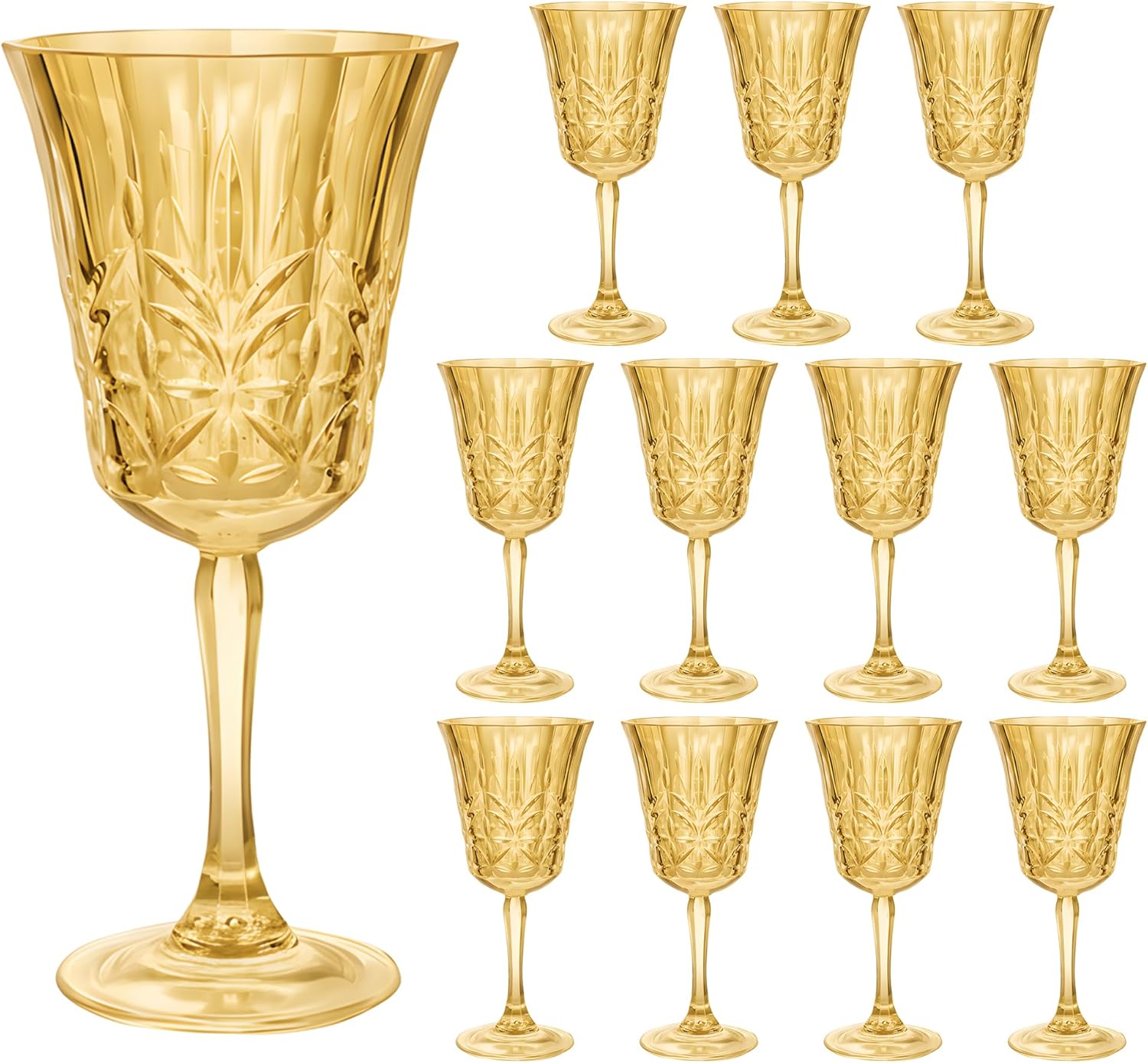 Plastic Wine Glasses 10oz Vintage Goblets Unbreakable Reusable BPA-Free Stemmed Drinking Glasses for Easter Parties, Weddings & Events Leaf-Patterned (Set of 24, Blue)