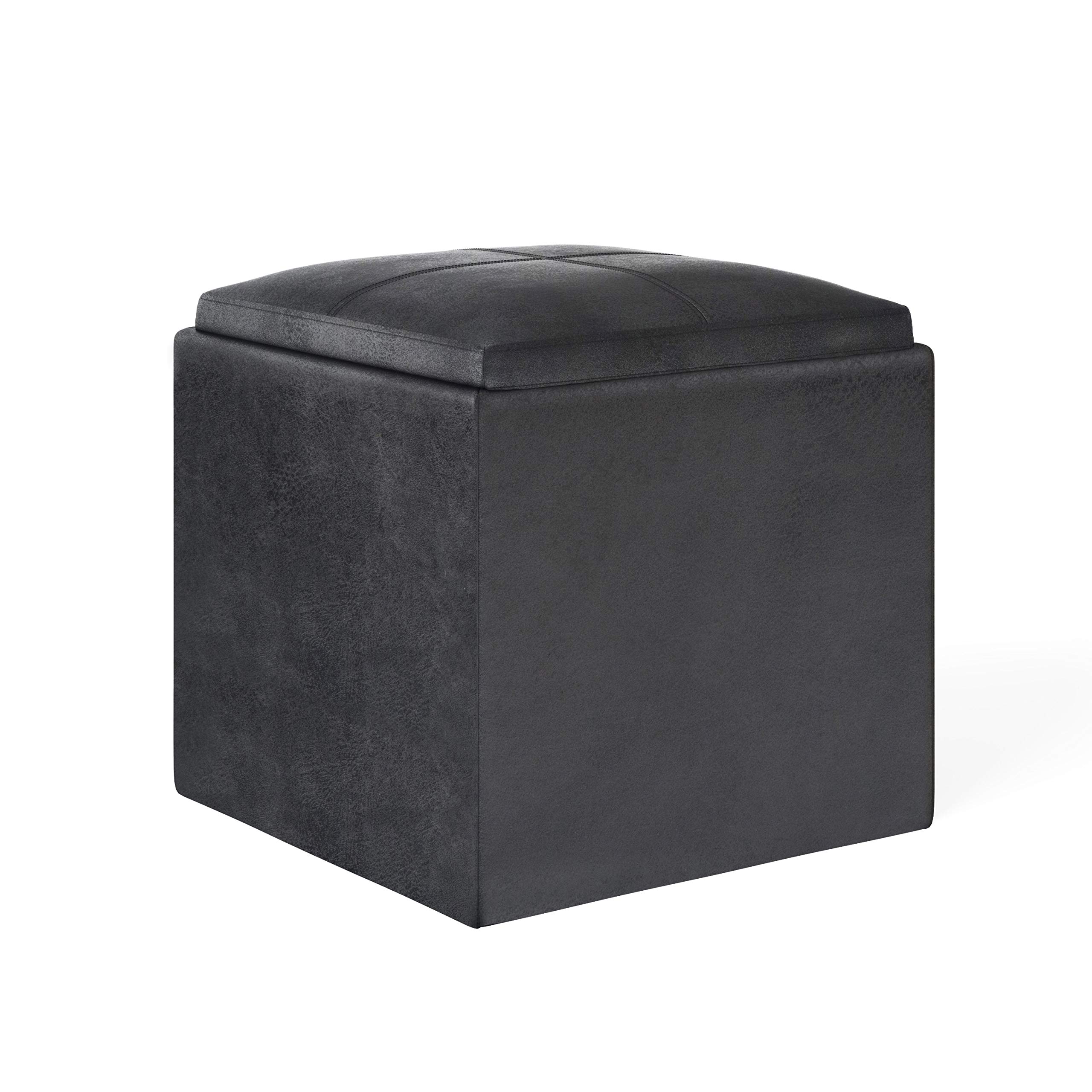 simplihome rockwood 18 inch wide contemporary square cube storage ottoman with tray in distressed black vegan faux leather, assembled, for the living room, entryway and family room