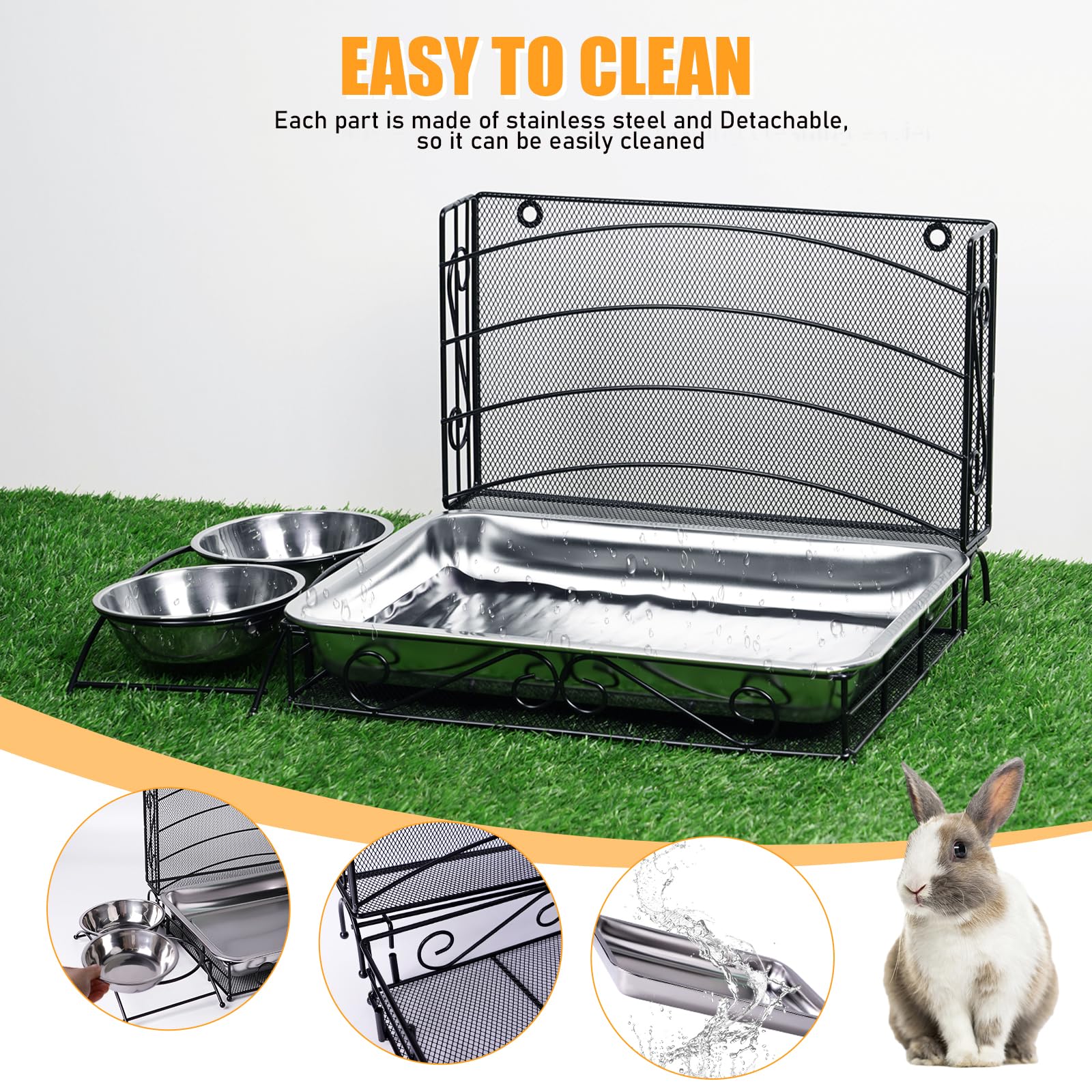 Kaninchen-Heu-Futterstation mit Katzentoilette, 3-in-1 Hasen-Futterstation aus Metall, kein Durcheinander, für Kaninchen, Heu, Halter, WC, mit Wasser-Futterstation, 2 Schalen für