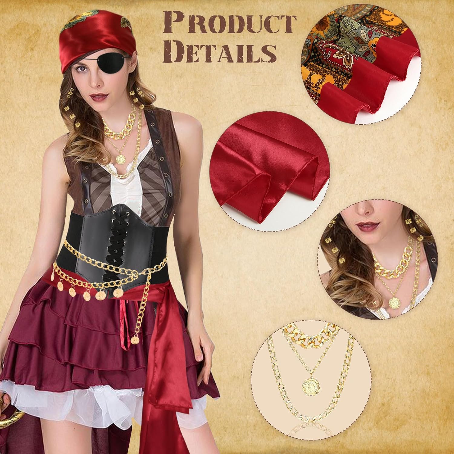 Vermeyen 8 Pcs Pirate Costume Accessories for Women with Head Scarf Wrap Pirate Corset Eye Patch Necklace Sash Chain Belt - Image 2