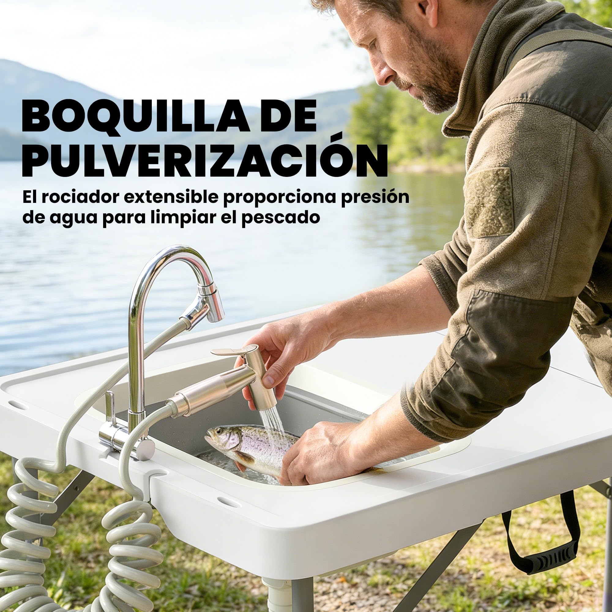 Outsunny Table de Nettoyage Portable pour Poissons, Table Pliante de Camping à Hauteur réglable, Robinet, évier et Panier Pliables, Tuyau, Sac de Transport, règle, rainures, Station de Nettoyage pour