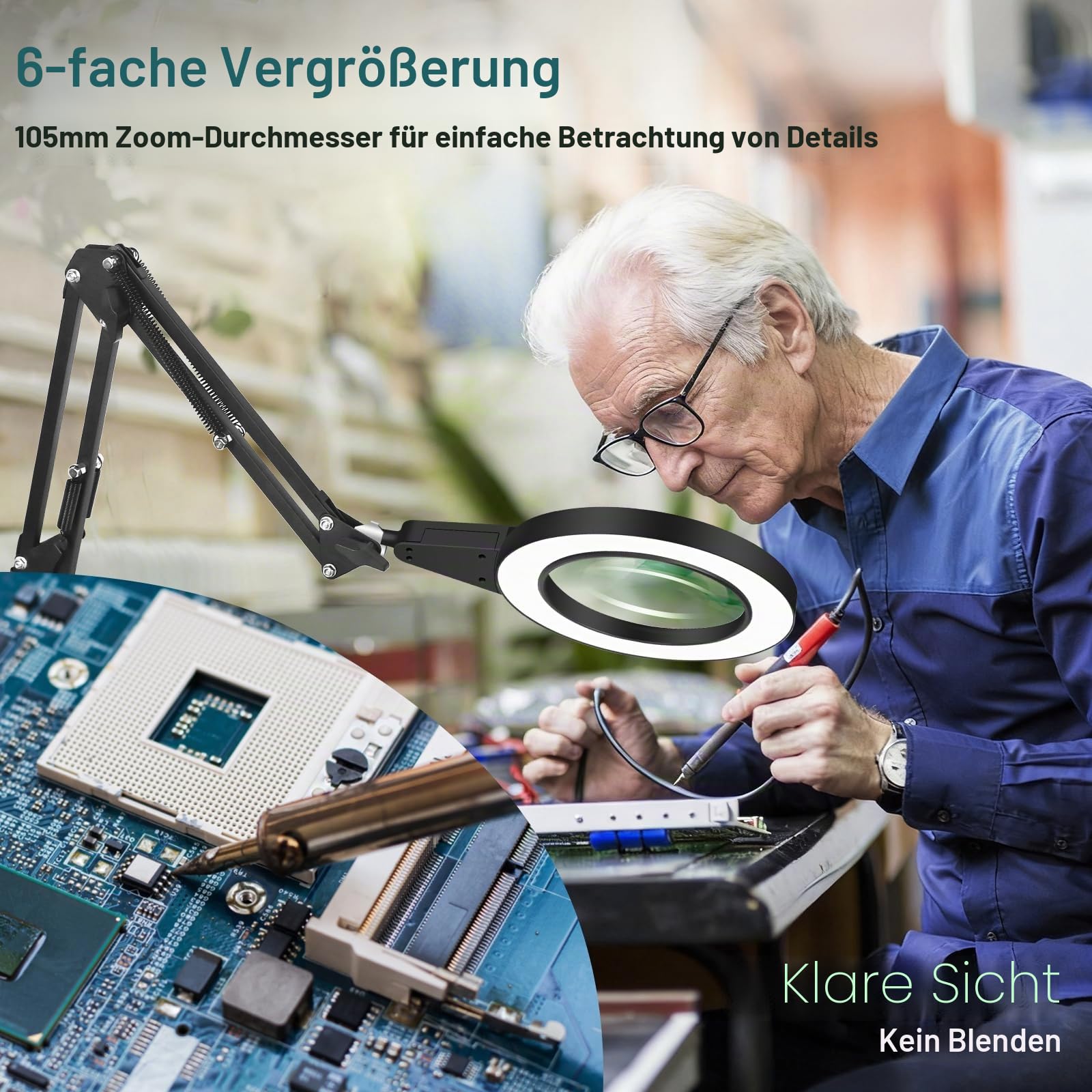 Lupenlampe mit Fuß & Klemme, Rund Lupe mit Licht, Touch-Steuerung | 2-in-1 Flexibilität,6D Glaslinse, Lesen & Handarbeit, gleichmäßiges LED-Licht für entspanntes Arbeiten