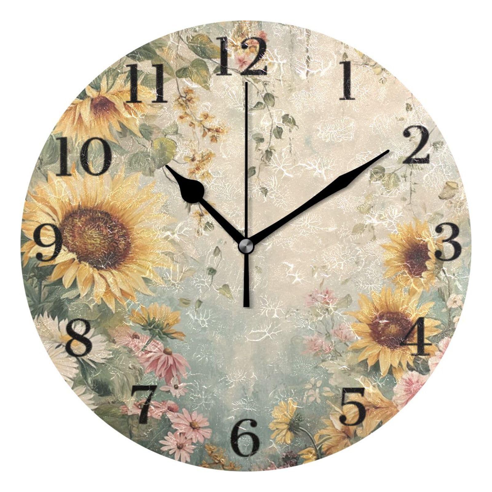 Ensound Sunflowers Daisies Wall Vintage Wall Clock Silent Non-Ticking Battery Operated Clocks 12 Inch for Kitchen Home Living Room