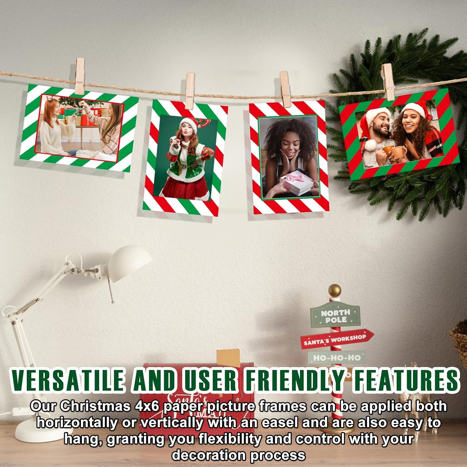 Leinuosen 60 Pcs Christmas Picture Frame Ornaments 4x6 Paper Photo Frames Bulk Cardboard Frames with Stand DIY Red and Green Photo Crafts Frame for Hanging Ornament Decorations (Stripe Theme)