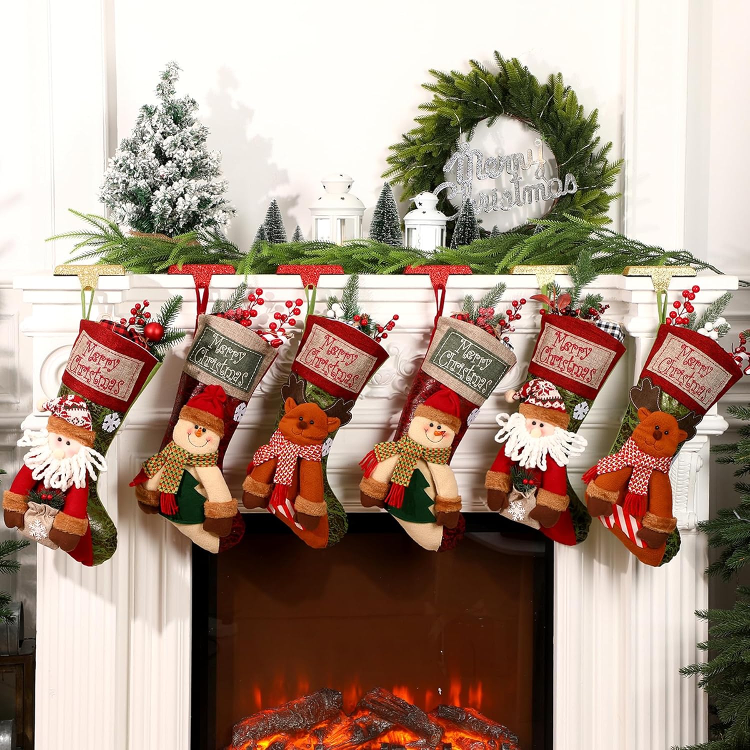 Lyrow 6 Pack Christmas Stockings Bulk 19 Inch Xmas 3D Santa Gnome Socks Hanging Ornaments for Christmas Plaid Large Stockings for Family Holiday Xmas Party Gifts Decoration(Lovely Style)