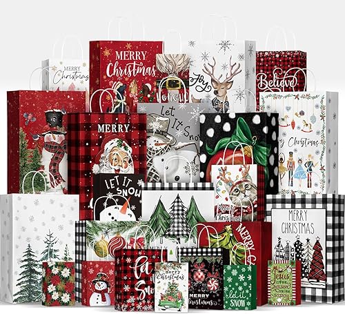 Horaldaily 24 bolsas de papel de regalo de Navidad a granel con asas para envolver regalos de Navidad (6 jumbo, 6 grandes, 6 medianas, 6 pequeñas)