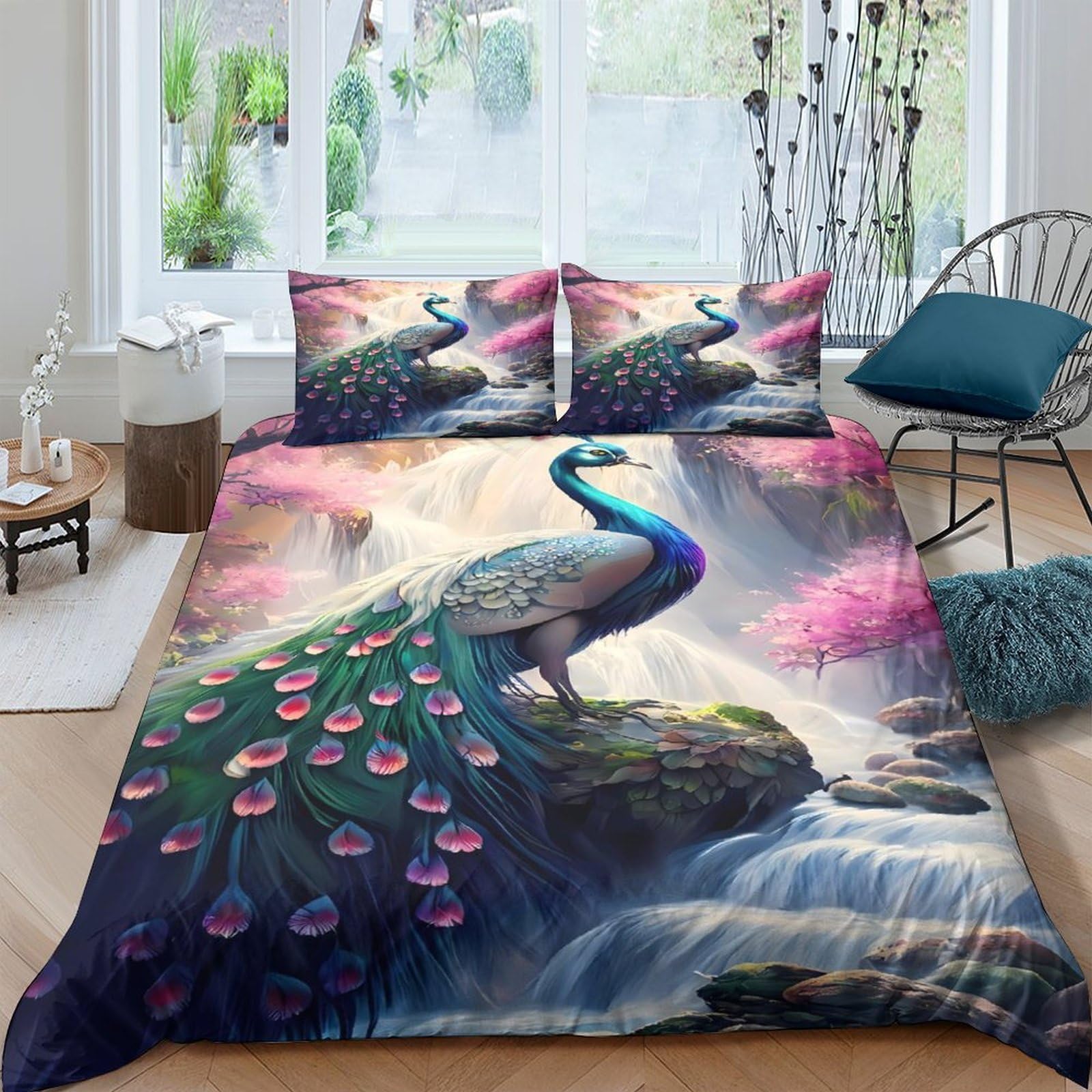 TUFRTGYHN 3D Printed Peacock Waterfall Duvet Cover Microfiber Soft Breathable Lotus Bedding Set with 2 Pillowcases for Bedroom Decor Single（135x200cm）