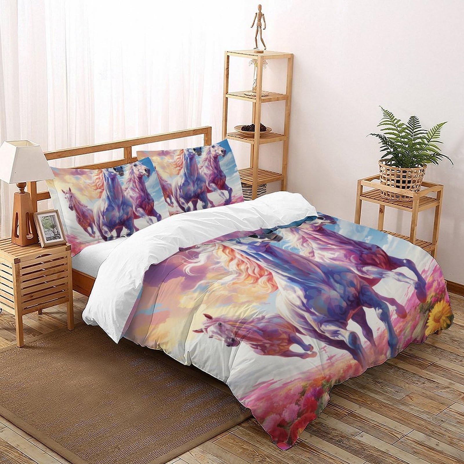 Housse de couette cheval rose 220x240 cm avec 2 taies d'oreiller pour lit double