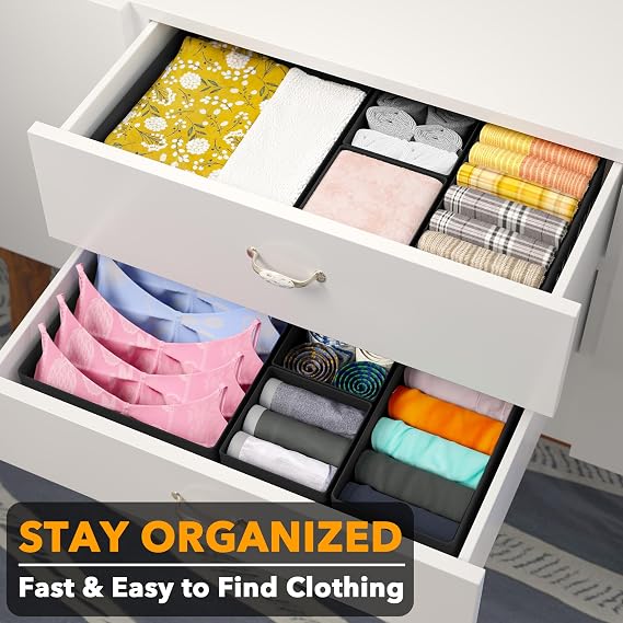 SpaceAid Drawer Organiser for Clothes, 12 Pack Dresser Drawer Organiser Bins, Closet Organisers and Storage Dividers for Clothing, Underwears, Socks (Black)