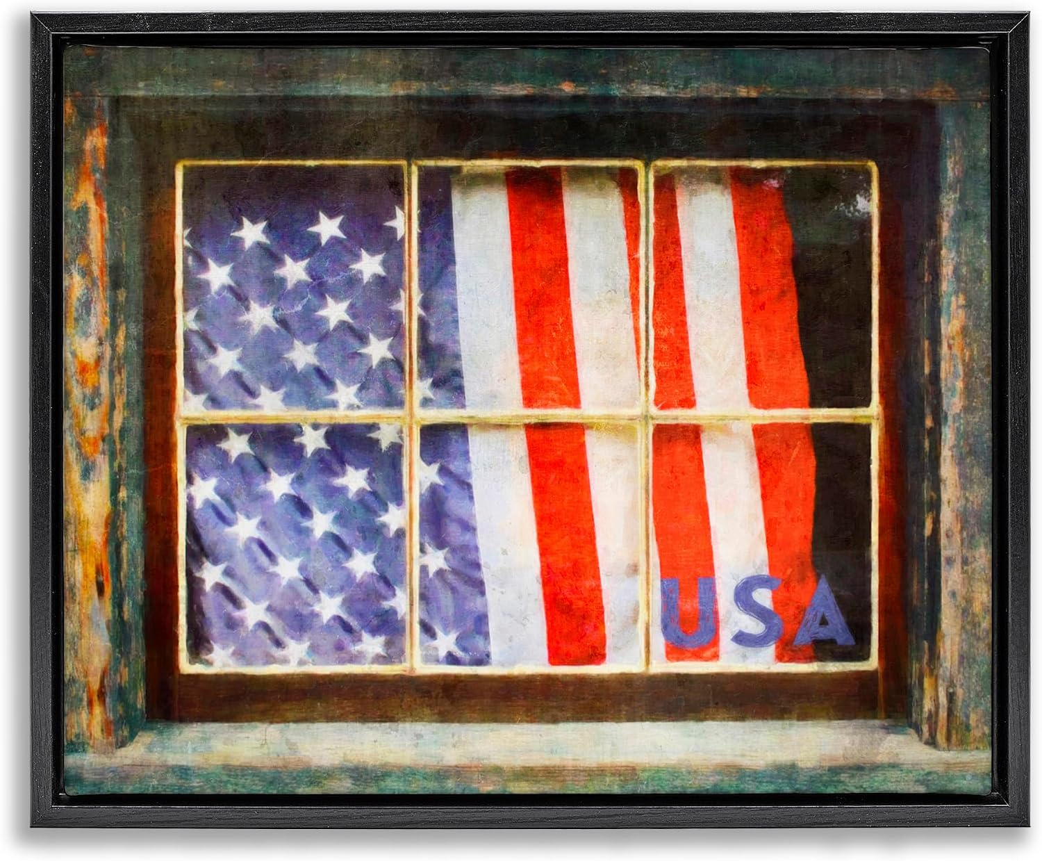 Rustic American Flag Window Home, 24 x 30 Inch Canvas in Floater Frame | Stupell Industries · By Graffitee Studios · Ready to hang once unboxed · Great for farmhouse style rooms · Made in USA