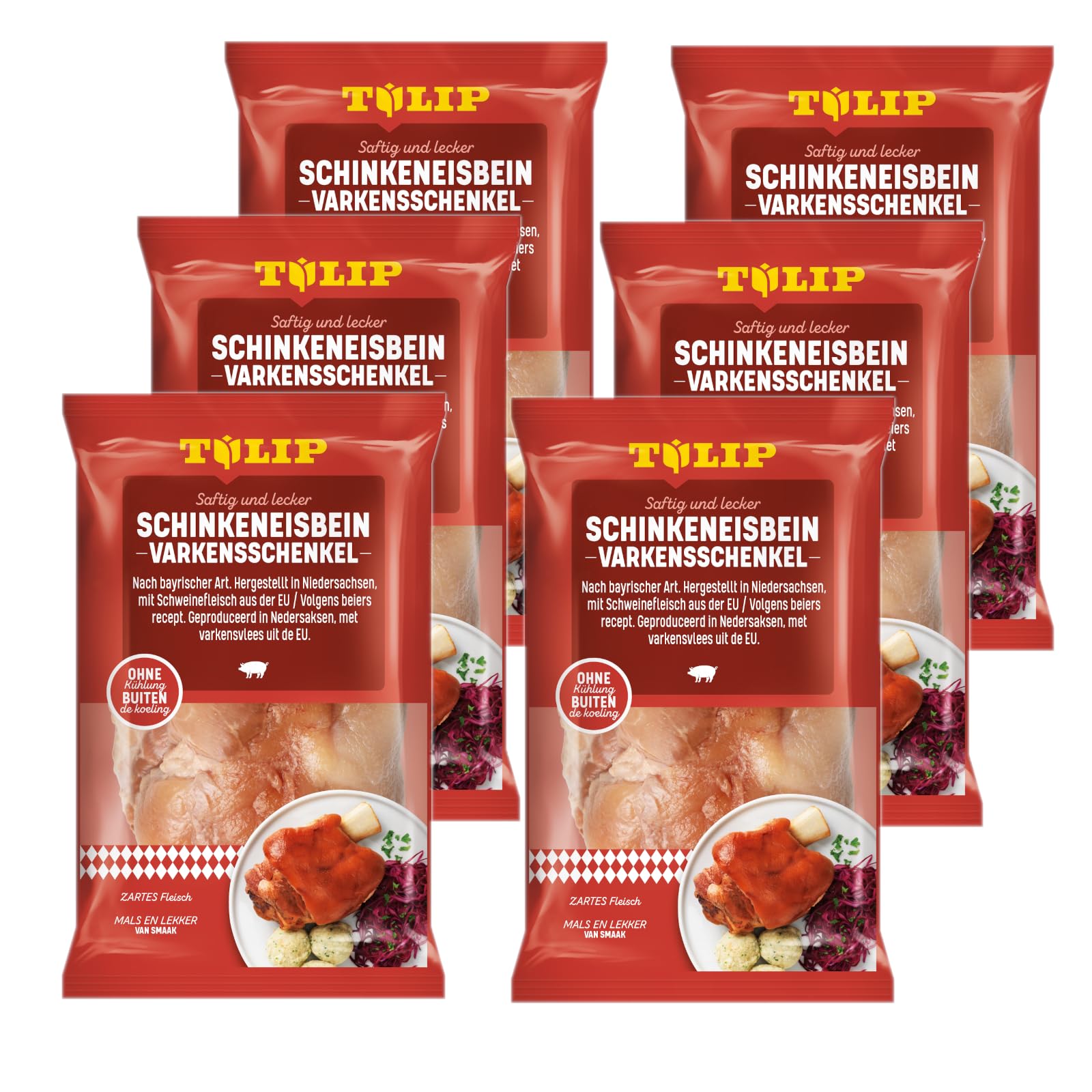 TULIP 6x 600 g Eisbein Schinkeneisbein | Tafelfertig Gegart Vakuumverpackt | Schweinehaxe mit Schwarte einfach im Backofen zubereitet in ca. 30-40 Minuten | Eisbeinfleisch Ohne Kühlung