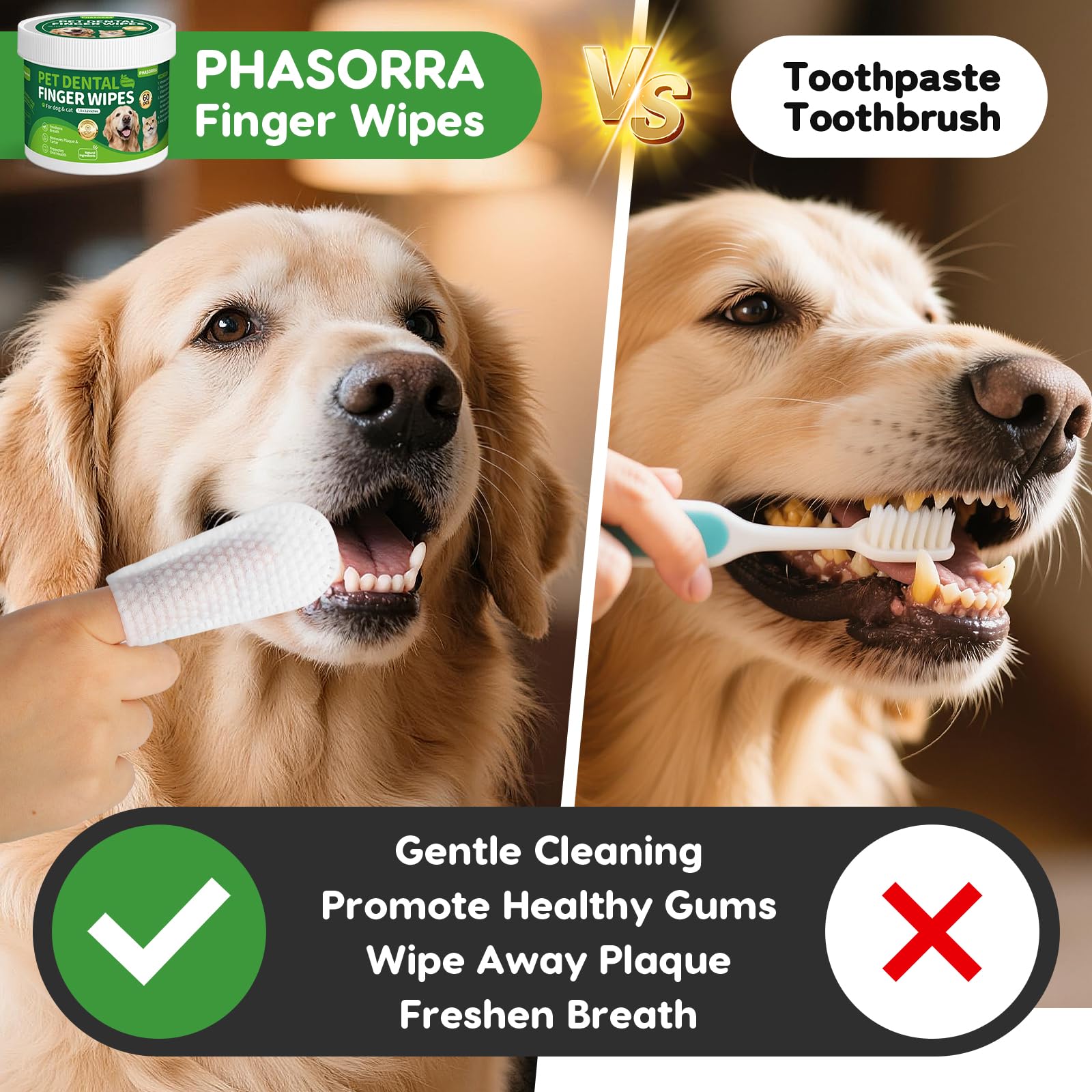 Dog Dental Care Wipes - 60Ct Tooth Brushing kit, Heavy Duty Teeth Cleaning for Dogs & Cats, Remove Tartar & Plaque, Dog Breath Freshener, Dog Toothbrush & Toothpaste Alternatives - image 2