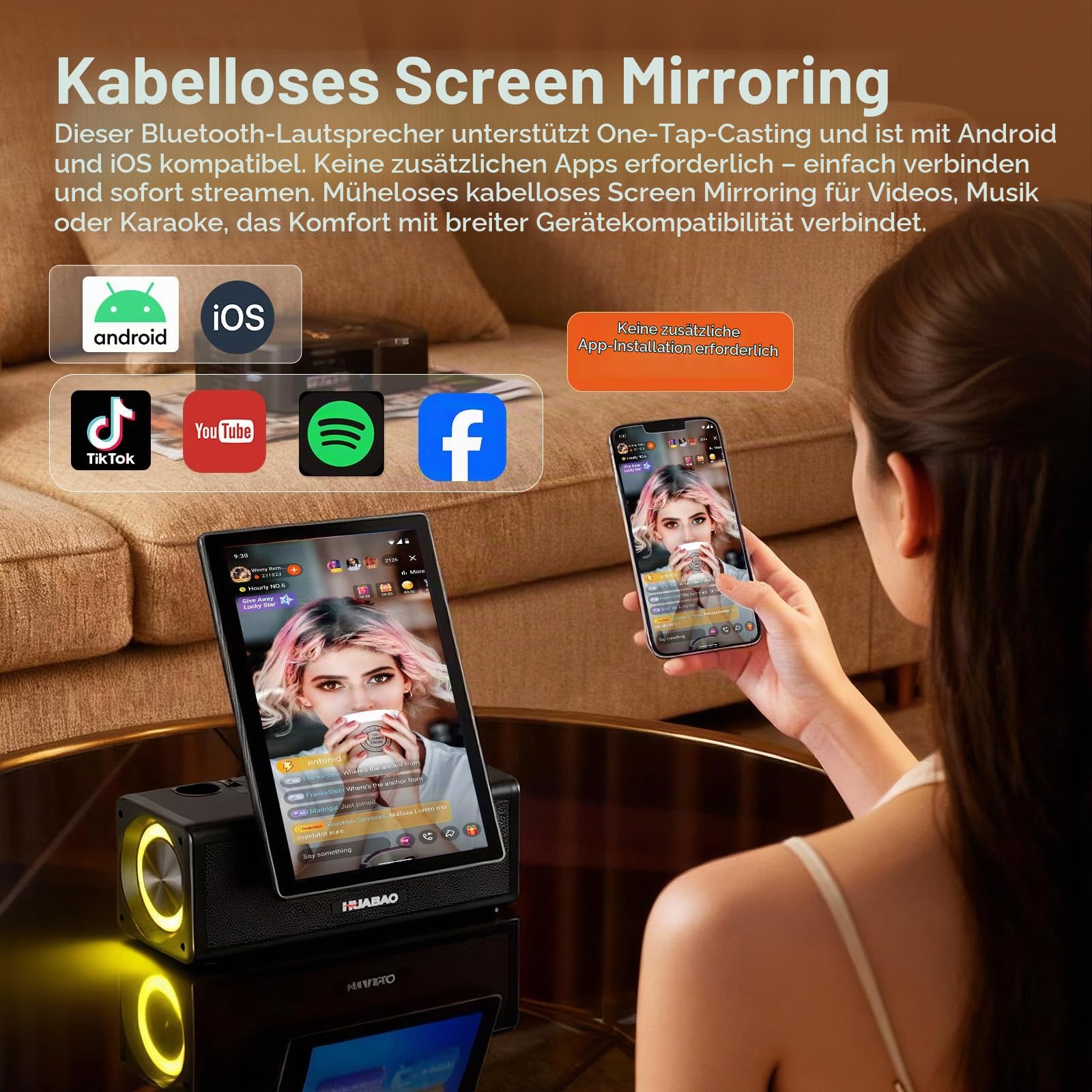 Tragbare Karaoke-Maschine mit 14,1-Zoll-HD-Drehbildschirm, kabelloser Bildschirmspiegelung für Android und iOS, Bluetooth-Party-Lautsprecher mit Liedtextanzeige und Beleuchtung, 2 Mikrofone
