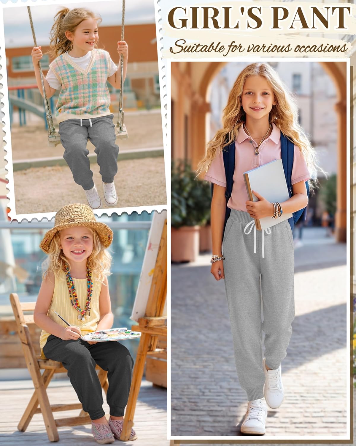 Oakgarden 5 Pack Girls Sweatpants Wide Leg Athletic Lightweight Drawstring Jogger Summer Baggy Kids Sweat Pants with Pockets