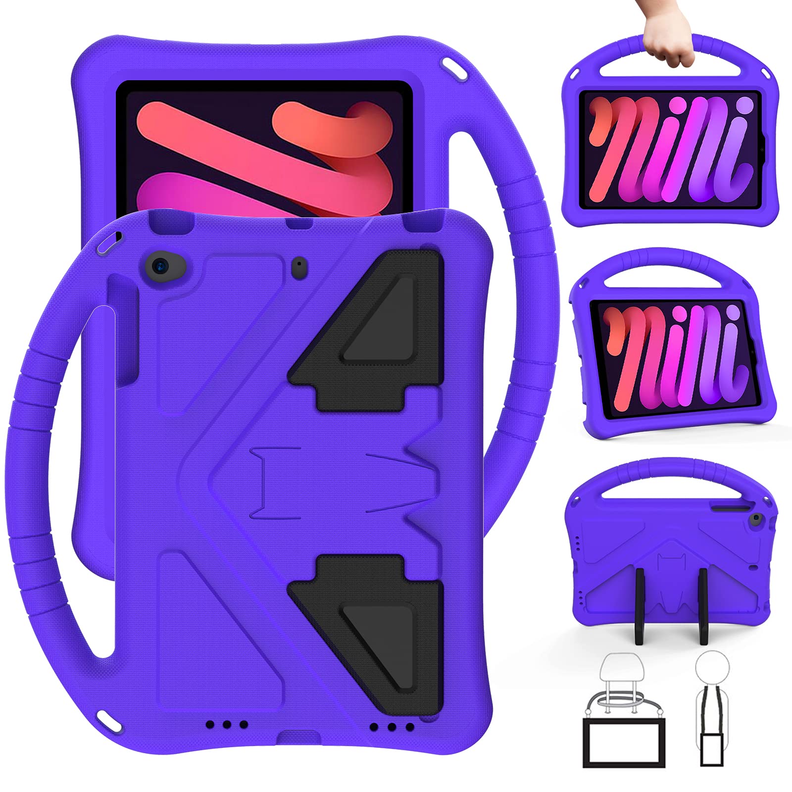 JINGANGYUJGY iPad Mini 6 2021 Kids Case with Handle Stand Pencil Holder iPad Mini 6 EVA Kid-Proof Rugged Shockproof Full Cover iPad Mini 6 2021 Kids Case for Boy Girl Kids (iPad Mini 6, Purple)