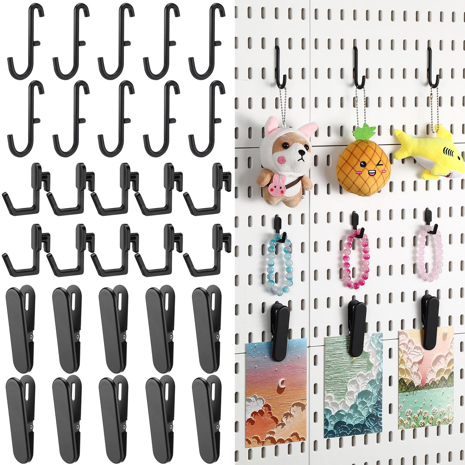 Kathfly 30pcs Pegboard Accessories 10 Clips 20 Hooks, Peg Board Accessory Kit for Wall Organizer Compatible with IKEA Skadis Pegboard, Crafts Organization, Ornaments Display (Black)