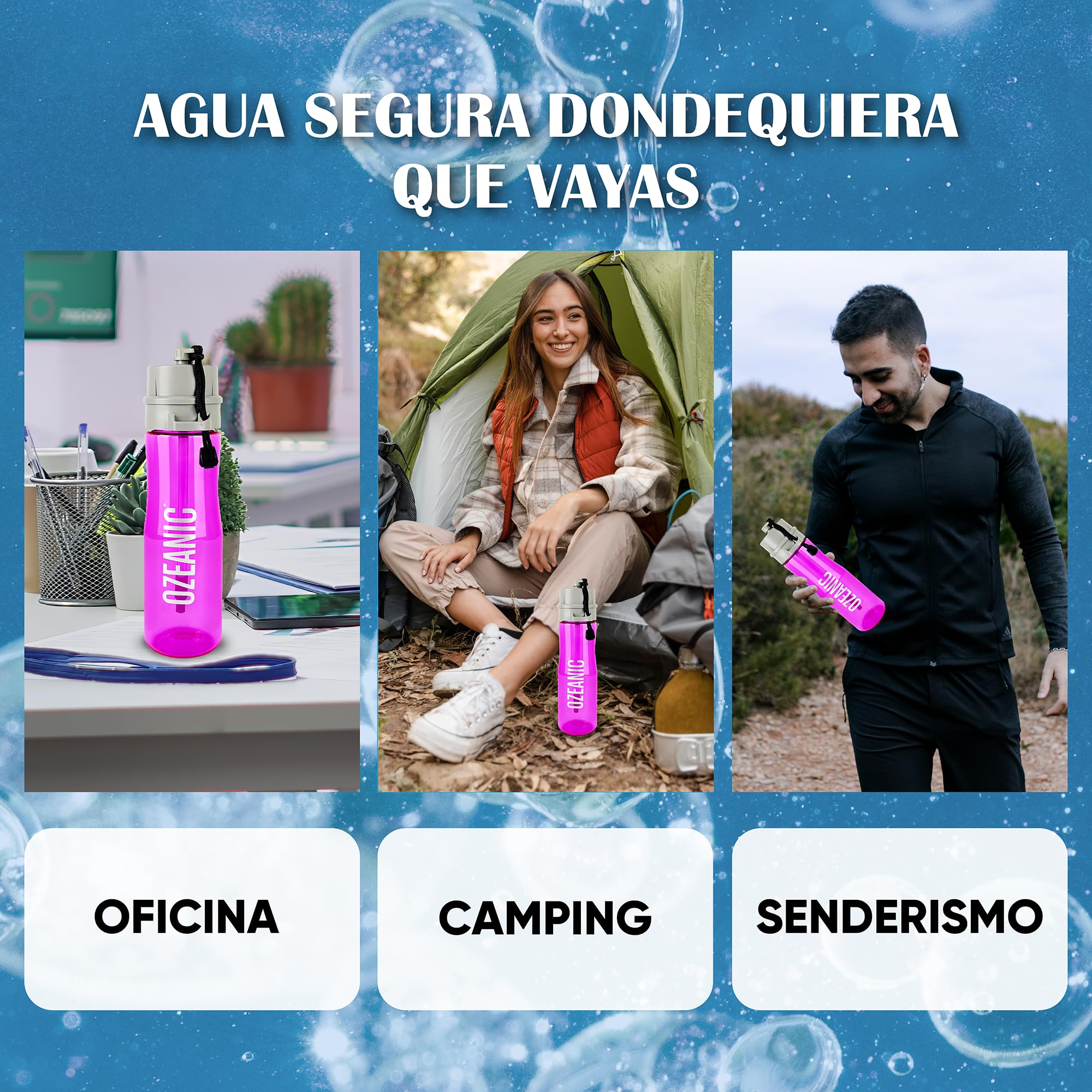 EcoBottle 2.0 750 ml Rosa – Botella Purificadora de Agua Reutilizable | Ozonizador de agua portátil | Elimina virus y bacterias | Sin filtros