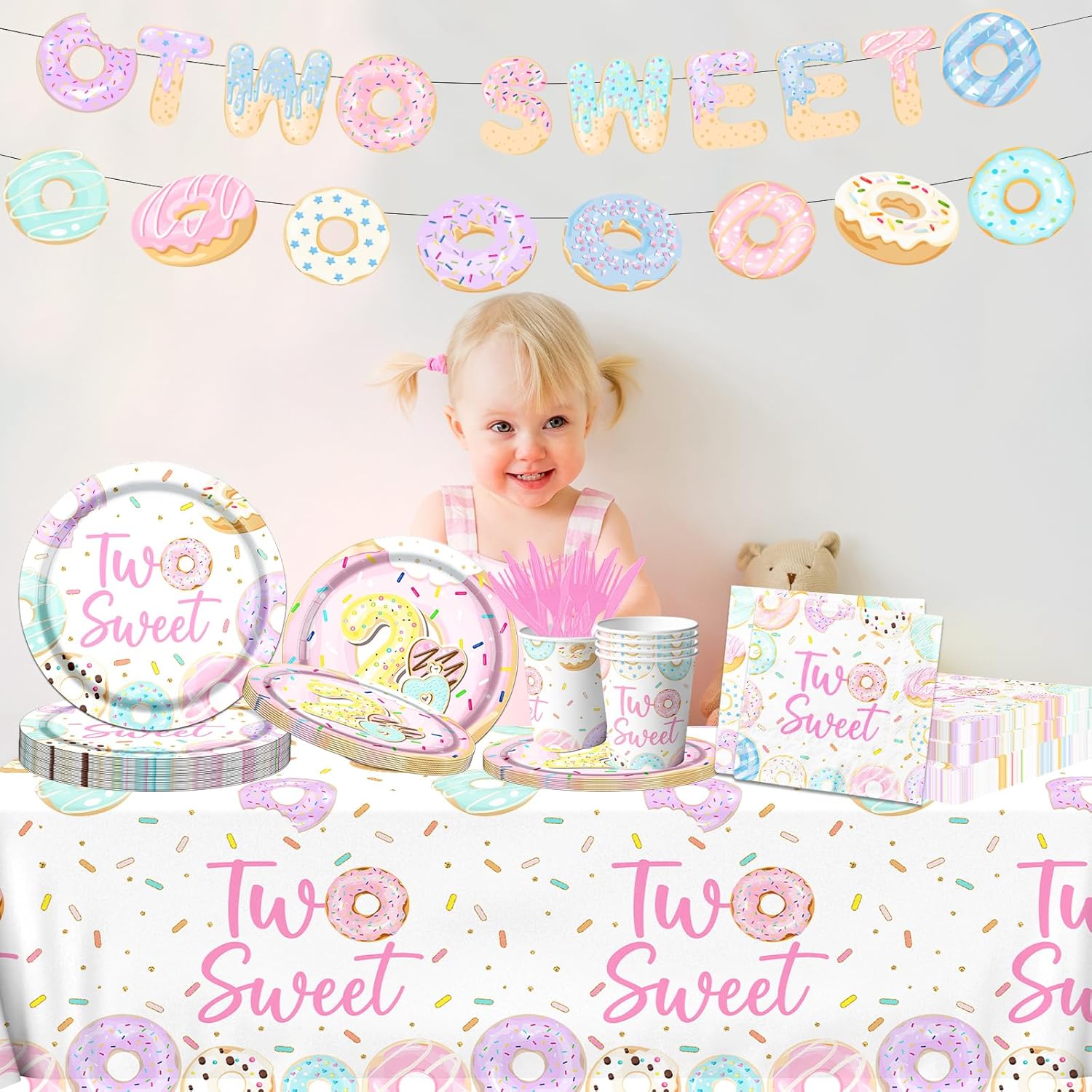 Two Sweet Donut 142Pcs 2nd Birthday Party Supplies - Baby Girl 2 Years Old Decoration Set - Disposable