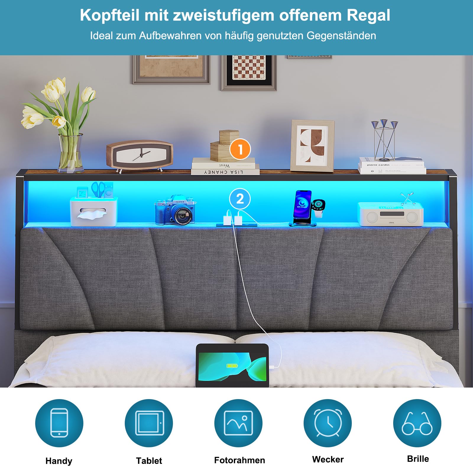 Brinlawb Bett 140x200 cm mit LED Beleuchtung und Ladestation (2 AC-Steckdosen, USB-A, USB-C) Jugendbett 140x200 mit gepolstertem Kopfteil und 2 offenen Regalen, Bettgestell 140x200cm, Metallbett, Grau
