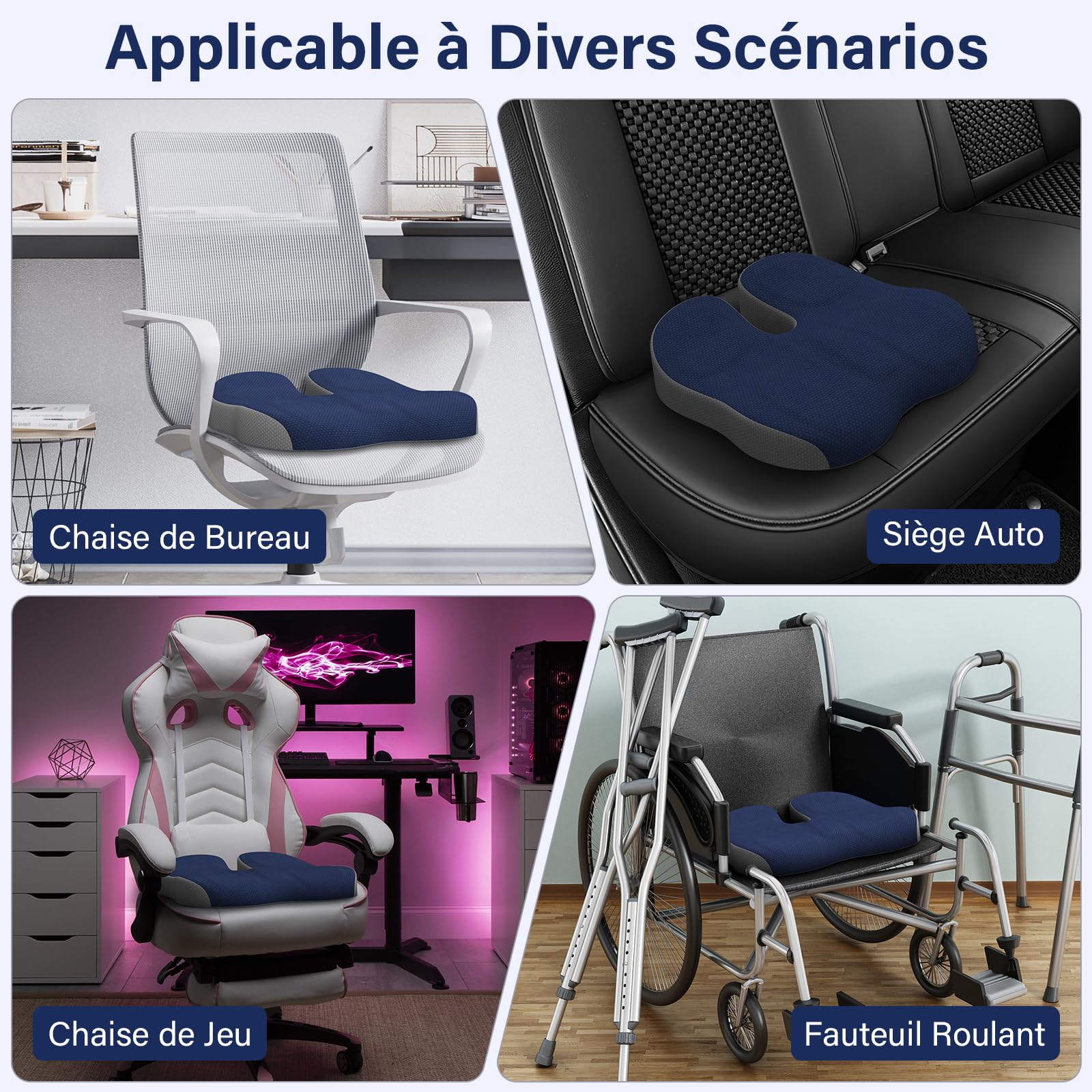 Wzzjkit Coussin de Siège en Mousse à Mémoire de Forme pour Chaise de Bureau Épais Ergonomique Coussin de Soutien Antidérapant pour Voiture Maison Fauteuil Roulant