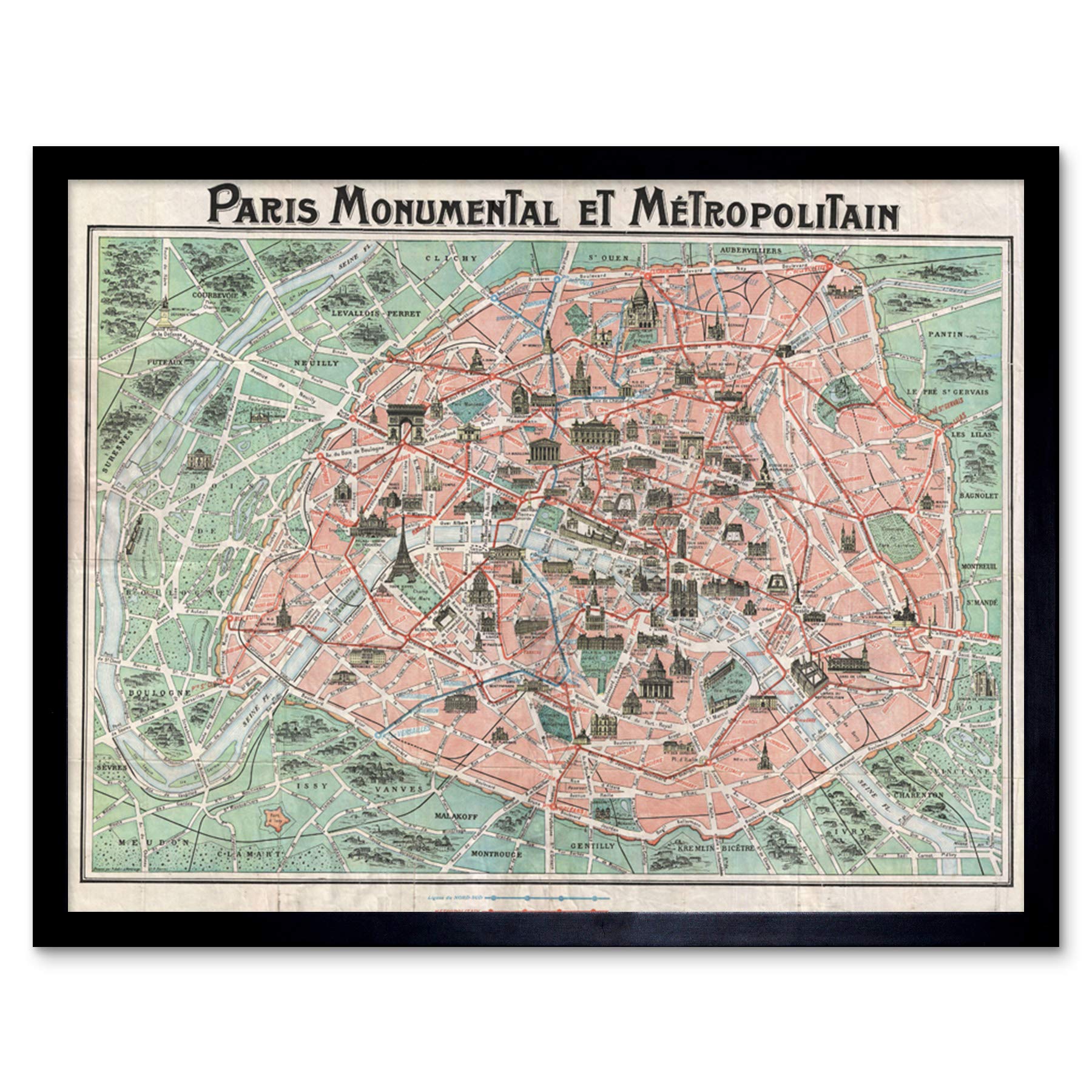 Wee Blue Coo Robelin Paris Monument Map French Art Print Framed Poster Wall Decor 12x16 inch