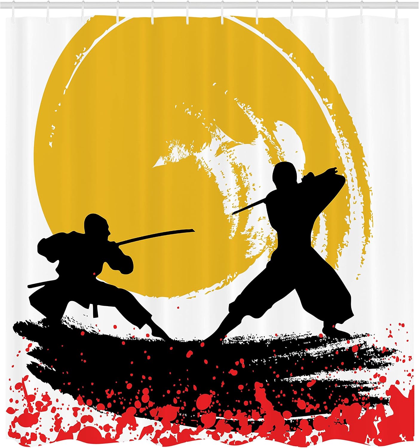 Ambesonne Japanese Shower Curtain, Watercolor Style Silhouette Ninjas in The Moonlight Medieval, Cloth Fabric Bathroom Decor Set with Hooks, 69" W x 84" L, Vermilion Mustard