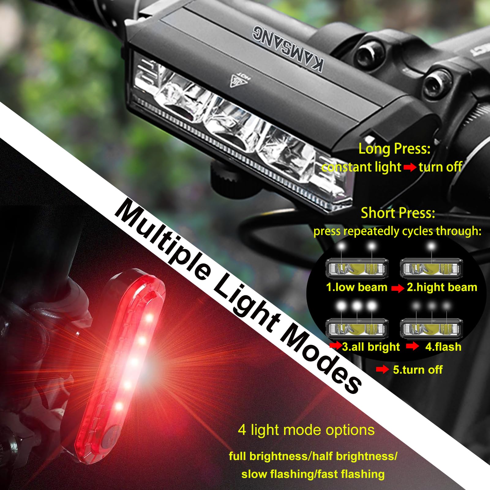 Set di luci per bicicletta per guida notturna, set di fari luminosi ricaricabili per bicicletta, abbaglianti e anabbaglianti, luce LED USB per bicicletta, faro e fanale posteriore impermeabile per