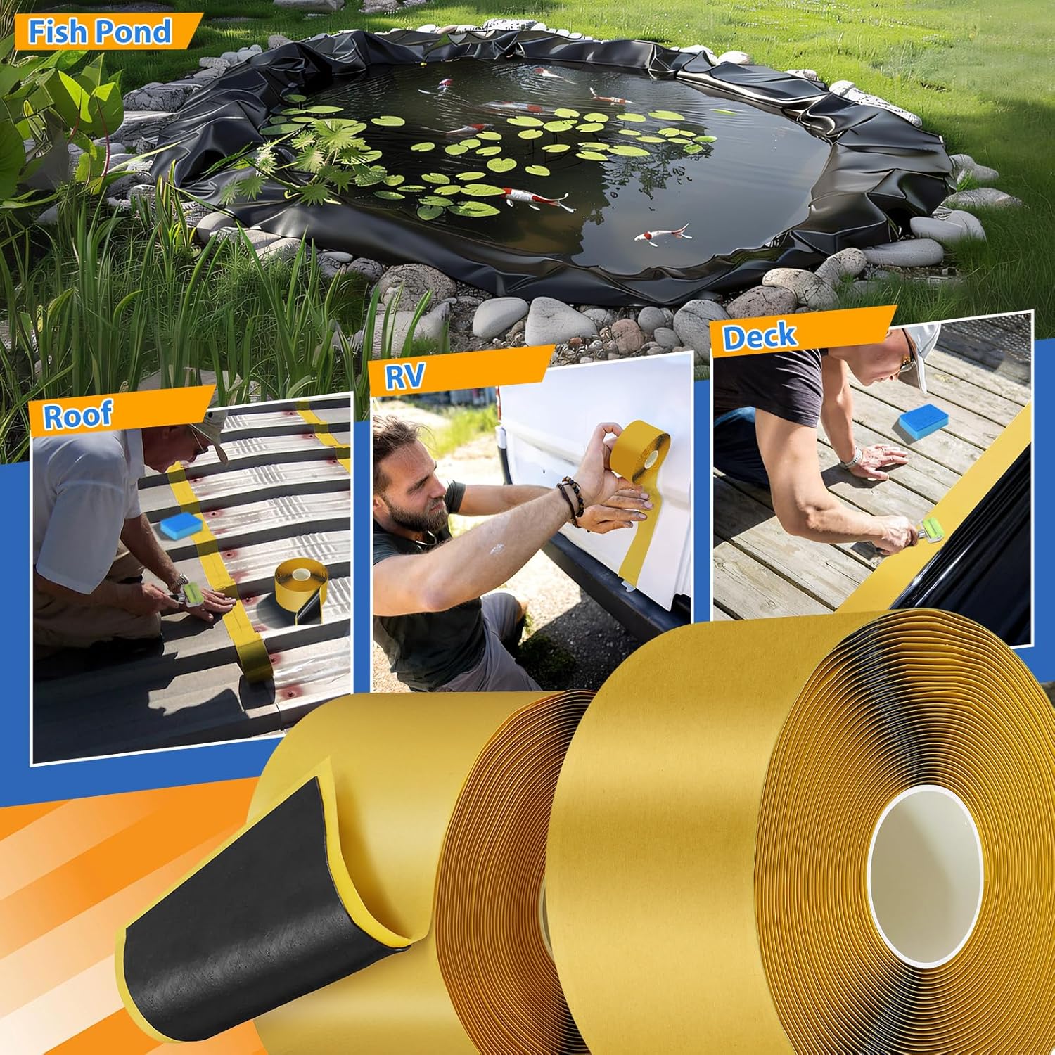 Pond Liner Seam Tape, Total 3" x 60' Double Sided Butyl Rubber Tape Kit, Waterproof Seam Tape & 2 Pcs Sponge & Roller, Self Adhesive Patch Repair Tape for EPDM Pond Liners Roof Deck RV (2Pcs)
