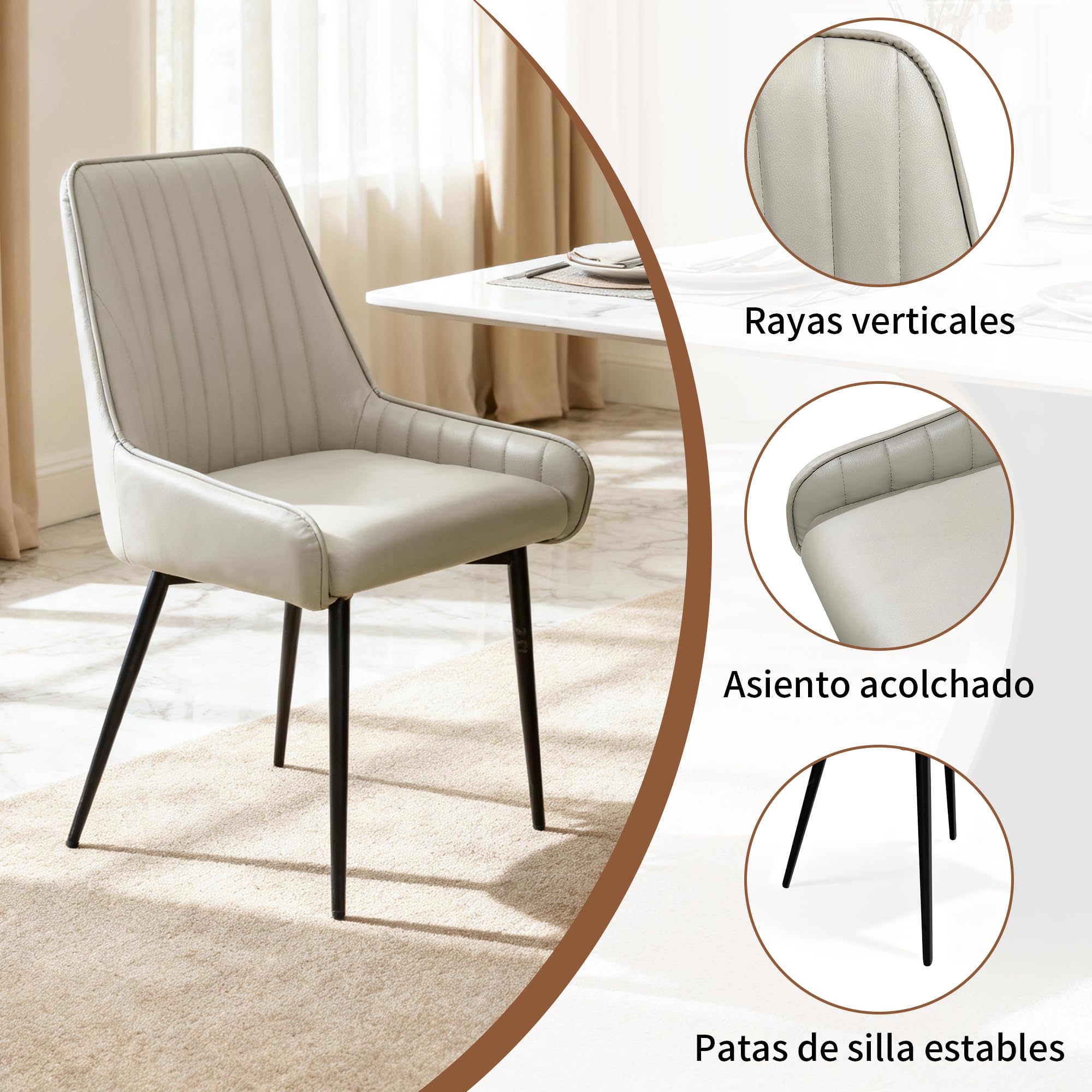 BonVache Juego de 4 Sillas de Comedor Tapizadas, Sillas con Brazos de Polipiel, Sillas de Cocina Modernas con Patas Metálicas, Sillas con Respaldo para Comedor o Salón, Gris Beige