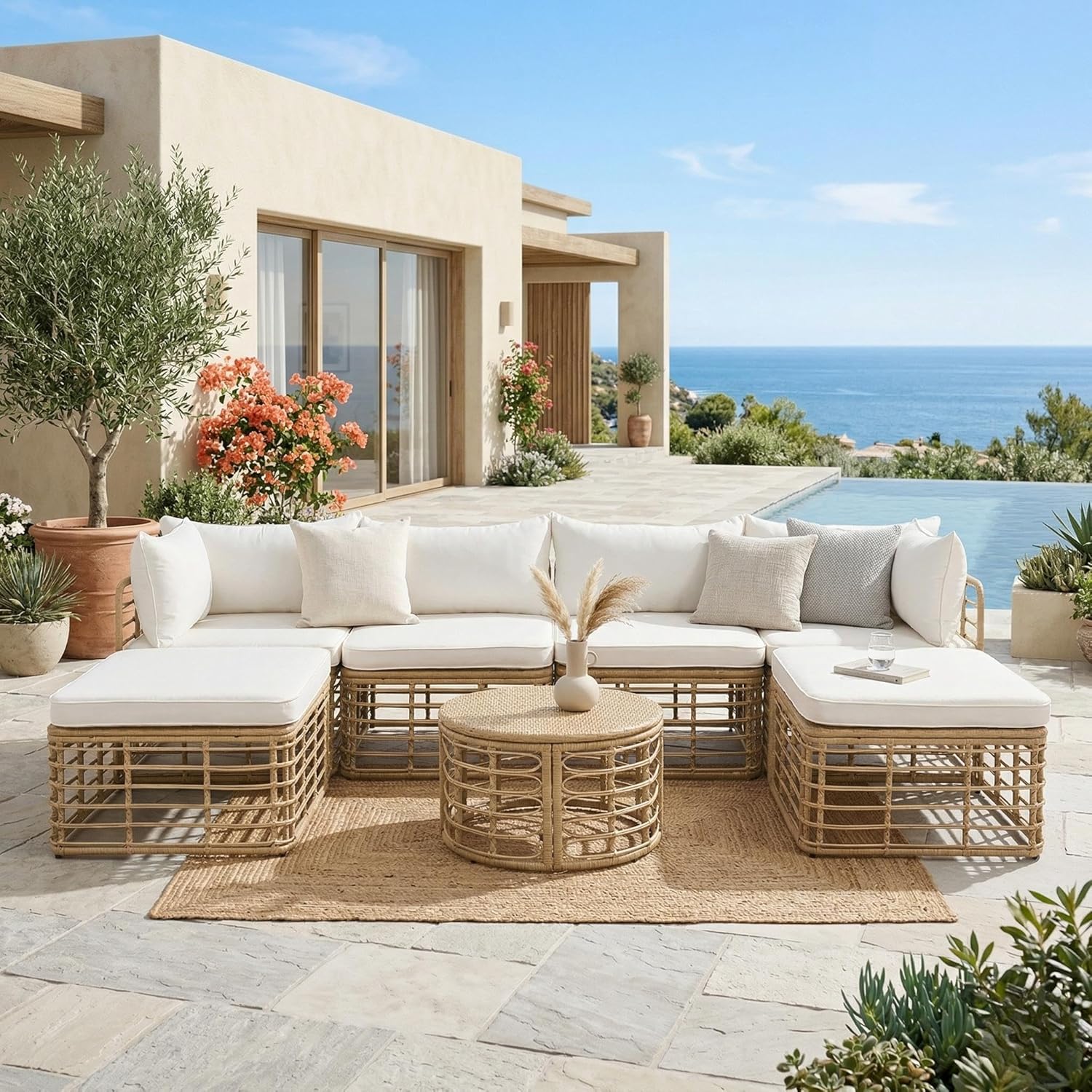 7 Pieces Outdoor Patio Furniture Set, All-Weather Rattan Sectional Sofa Set with Thick Cushions and Pillows, Round Coffee Table, Freely Combined Conversation Sets for Garden, Backyard (Beige * 104)