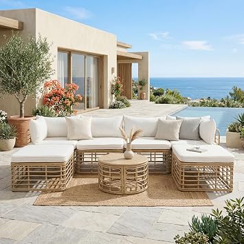 7 Pieces Outdoor Patio Furniture Set, All-Weather Rattan Sectional Sofa Set with Thick Cushions and Pillows, Round Coffee Table, Freely Combined Conversation Sets for Garden, Backyard Beige * 104