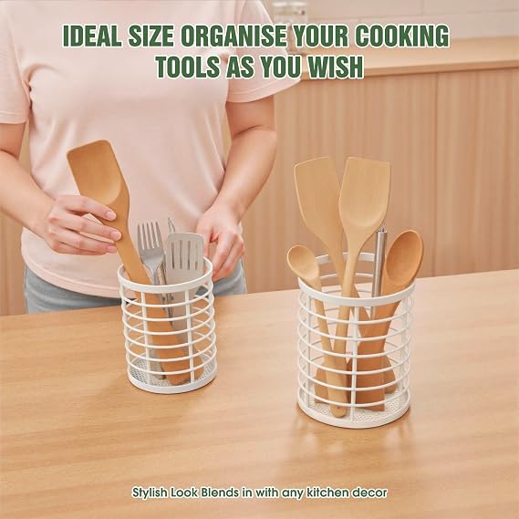 Lonian Utensil Holder Set of 2 (Large & Medium), White Metal Cooking Utensil Organizer Caddy, Countertop Holder with Draining Bottom Net for Kitchen Cookware, Cutlery, and Coffee Pods