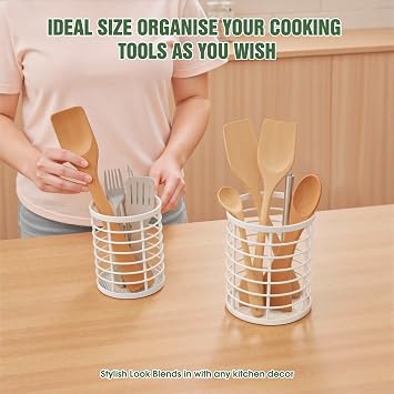 Lonian Utensil Holder Set of 2 (Large & Medium), White Metal Cooking Utensil Organizer Caddy, Countertop Holder with Draining Bottom Net for Kitchen Cookware, Cutlery, and Coffee Pods