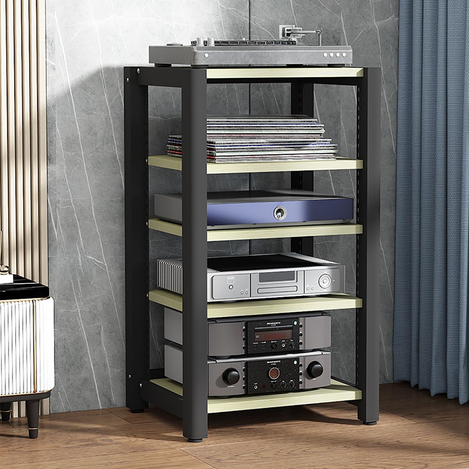 Scaffale da gioco per giradischi e proiettori, scaffale angolare AV con ripiani in legno per lettori DVD PS5, console di gioco e decoder via cavo, elegante soluzione di archiviazione (colore legno, 60