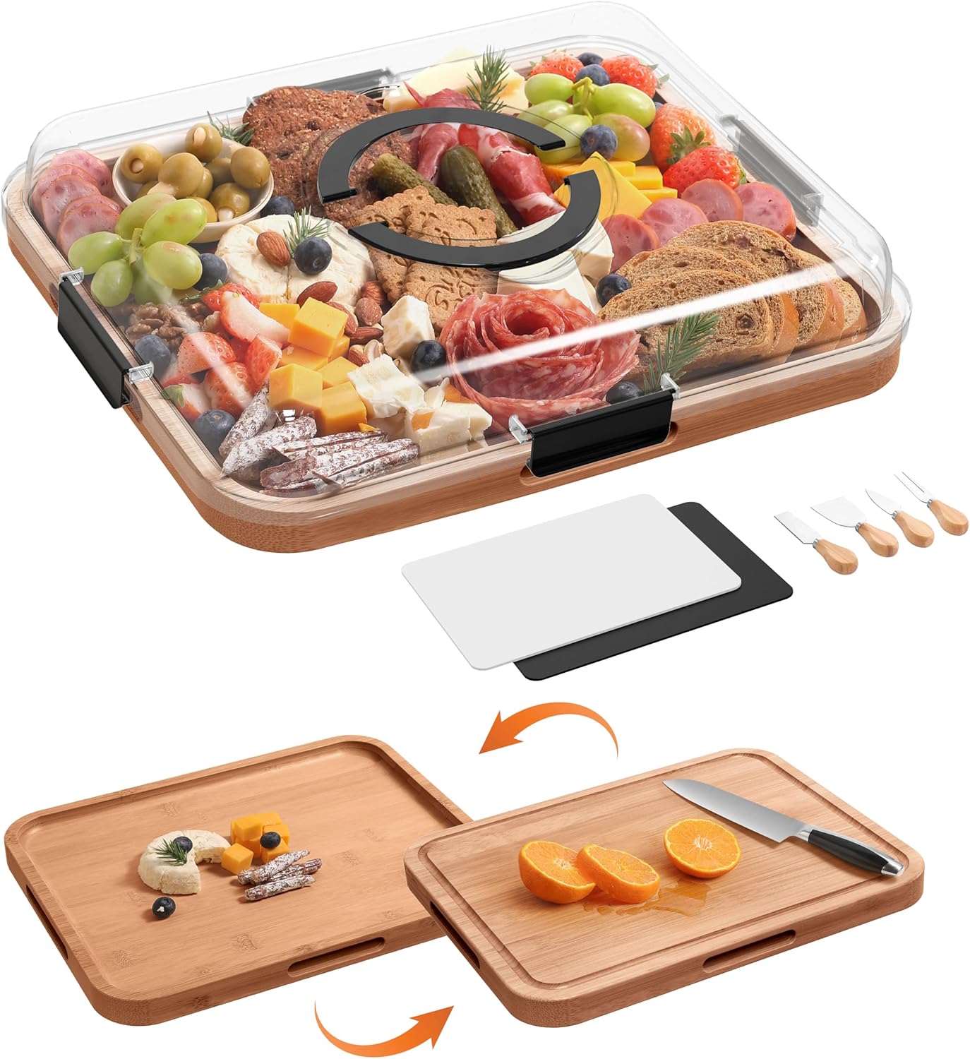 Charcuterie Board with Clear Lid, 2 Side Bamboo Cheese & Cutting Board for Entertaining, Includes 2 Plastic Cutting Mats & 4 Cheese Knives, Travel Snack Tray with lid, Charcuterie Boards Gift Set Charcuterie Board with Clear Lid, 2 Side Bamboo Cheese & Cutting Board for Entertaining, Includes 2 Plastic Cutting Mats & 4 Cheese Knives, Travel Snack Tray with lid, Charcuterie Boards Gift Set