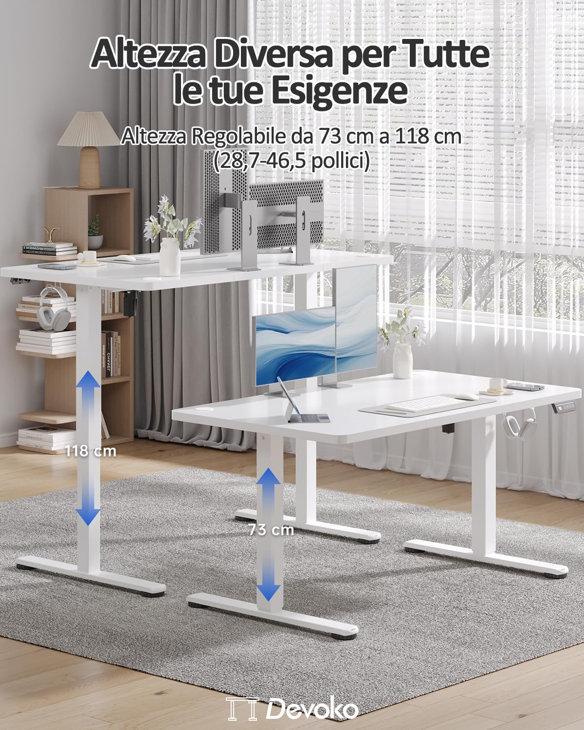 Devoko 120x60 cm Scrivania Regolabile in Altezza,Elettrica per Lavoro in Piedi, Ufficio e Casa, Standing Desk Scrivania Studio in Casa con Piano Assemblato, Bianco