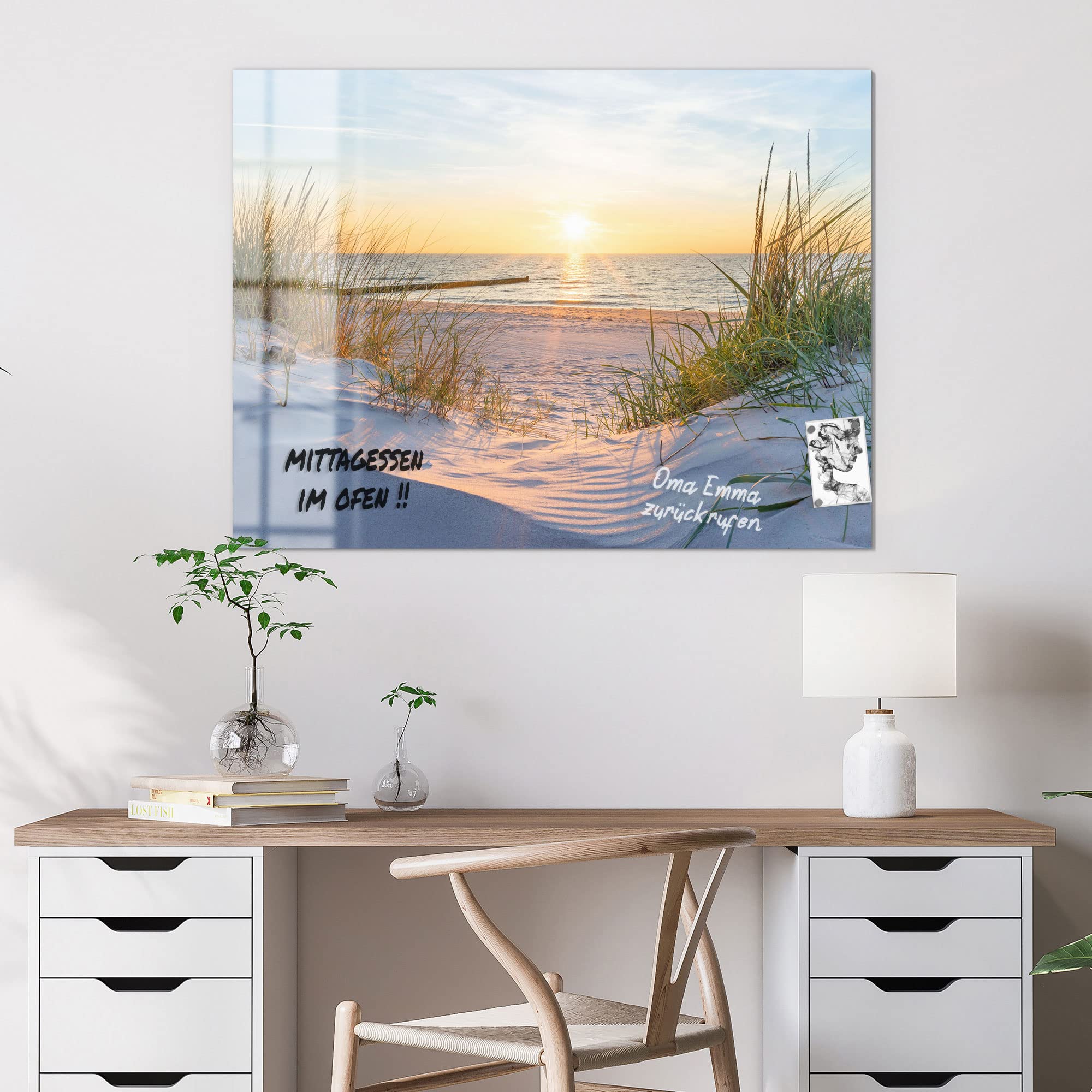 DEQORI Szklana tablica magnetyczna, wymiary 120 x 90 cm, motyw "Wieczne słońce nad Morzem Bałtyckim", tablica memo ze szkła, tablica magnetyczna z magnesami, pisakiem i chusteczką do kuchni i biura, tablica magnetyczna i do pisania